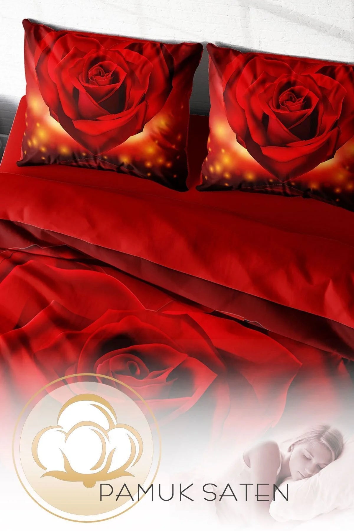 Kırmızı Kalpli Nevresim 3D Dijital Özel Tasarım Pamuk Saten Çift Kişilik Nevresim Takımı Red Heart