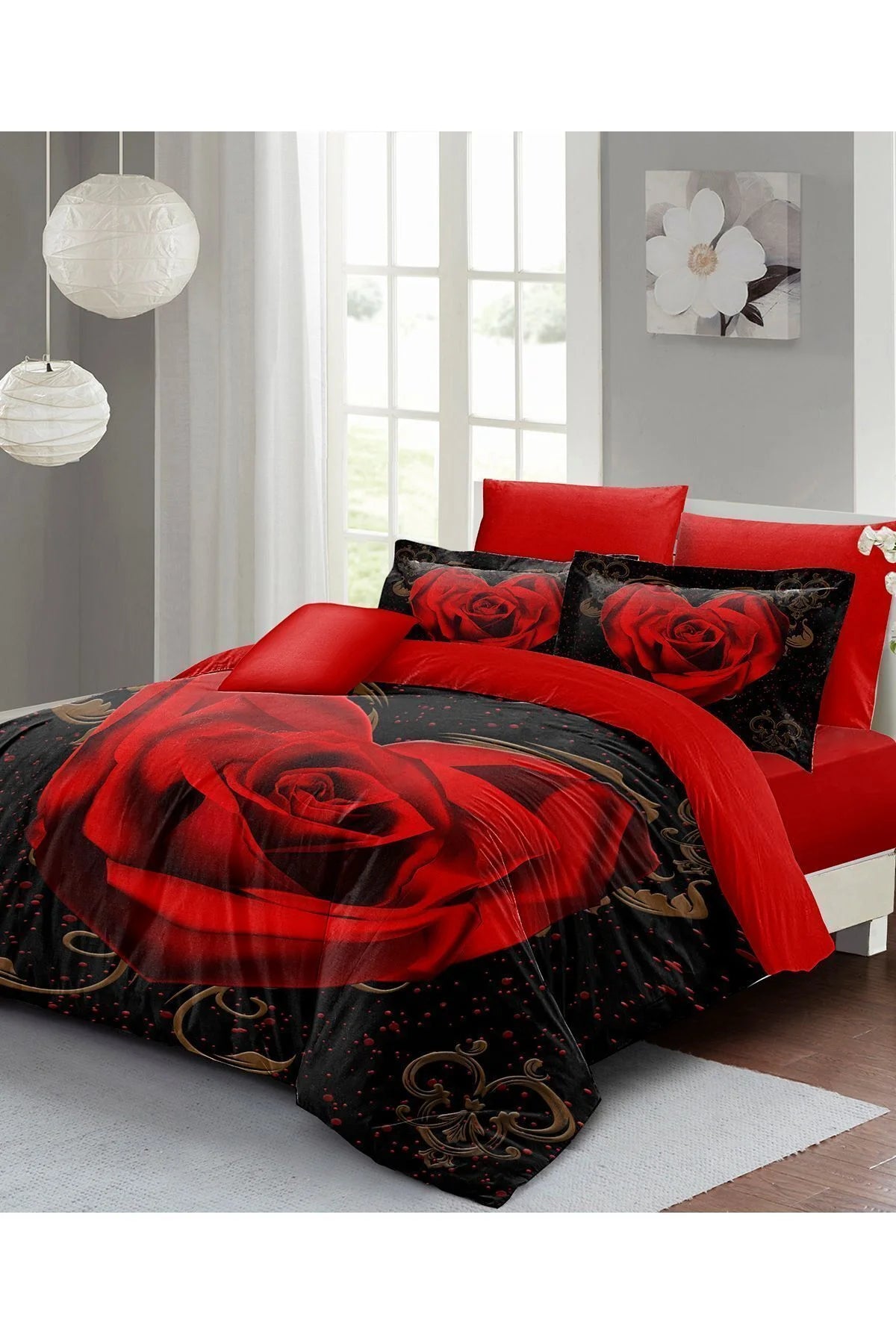 Kırmızı Kalpli Nevresim 3D Dijital Özel Tasarım Pamuk Saten Çift Kişilik Red Rose