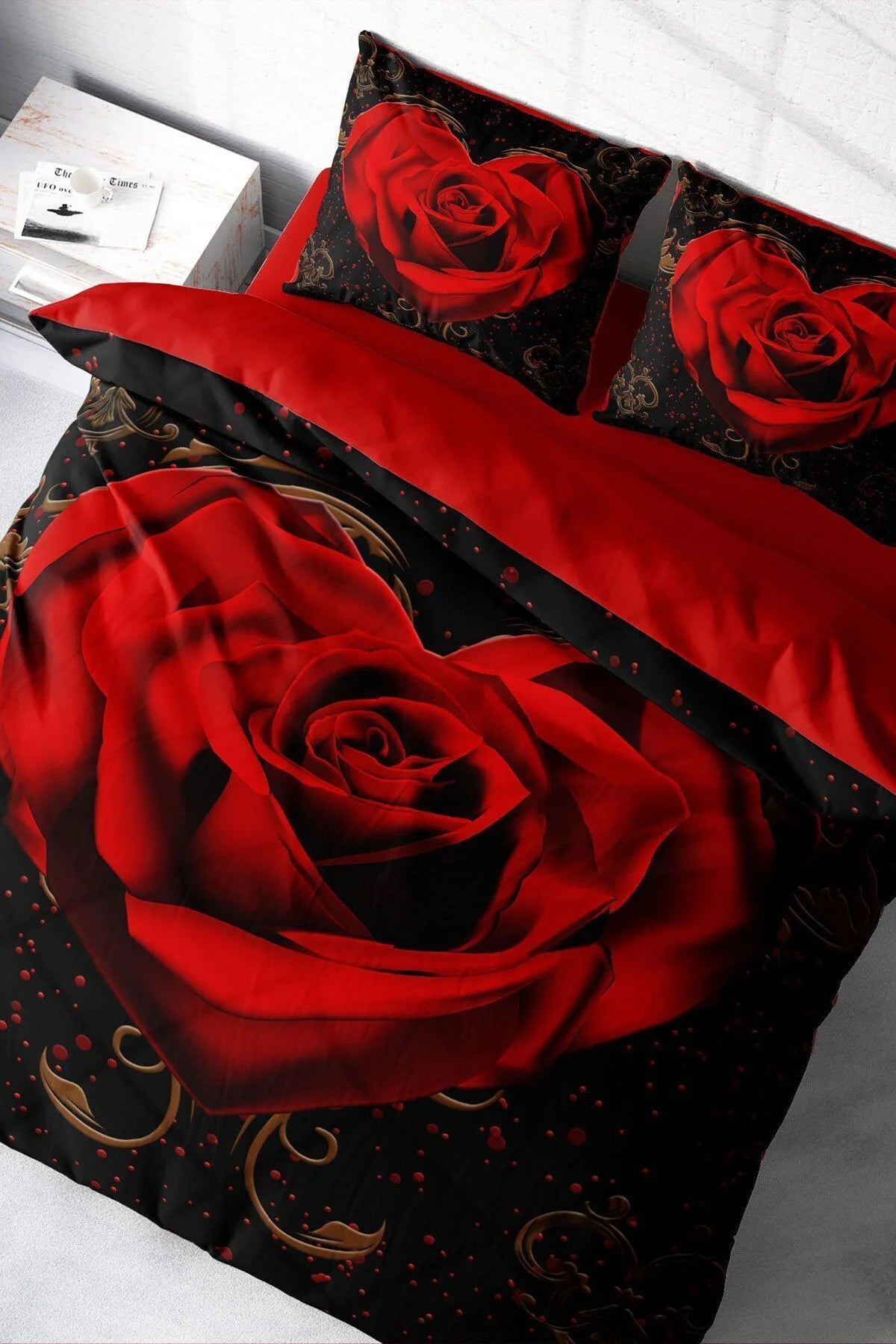 Kırmızı Kalpli Nevresim 3D Dijital Özel Tasarım Pamuk Saten Çift Kişilik Red Rose