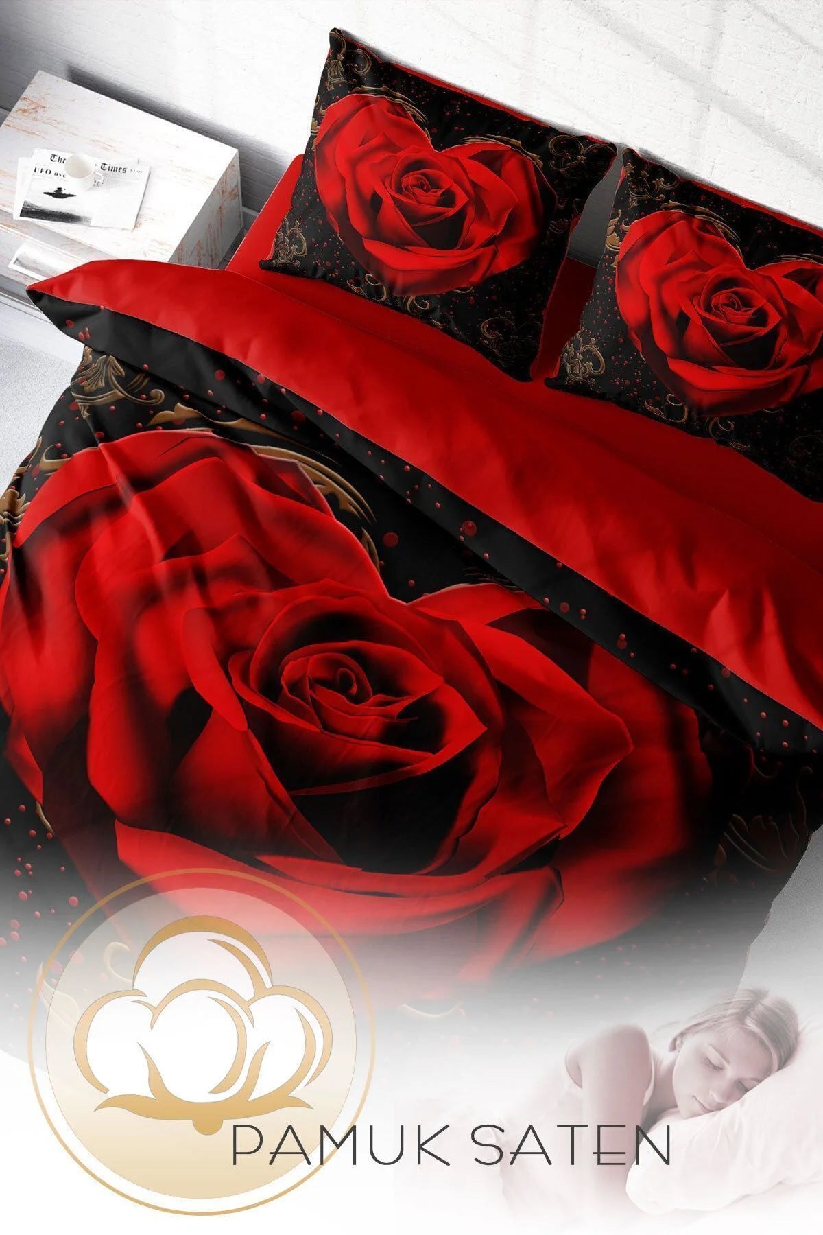 Kırmızı Kalpli Nevresim 3D Dijital Özel Tasarım Pamuk Saten Çift Kişilik Red Rose
