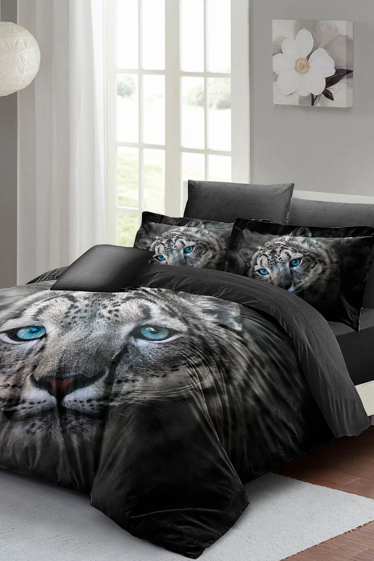 Leopar Çift Kişilik Nevresim Takımı Özel Dokuma Pamuk Saten Blue Leopard