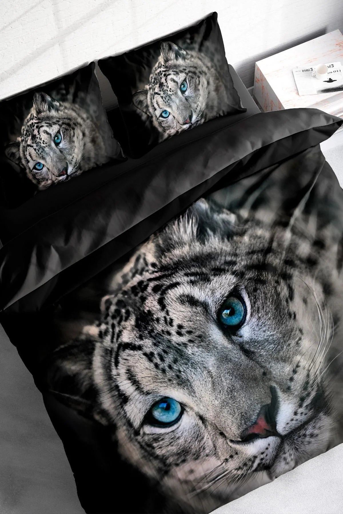 Leopar Çift Kişilik Nevresim Takımı Özel Dokuma Pamuk Saten Blue Leopard