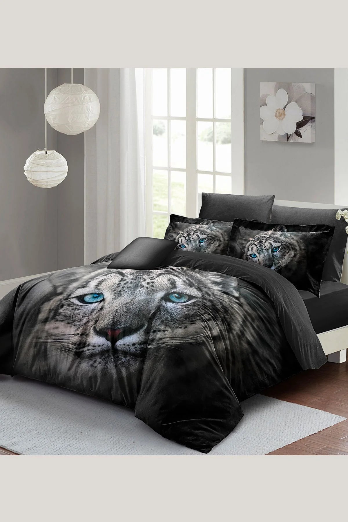 Leopar Çift Kişilik Nevresim Takımı Özel Dokuma Pamuk Saten Blue Leopard
