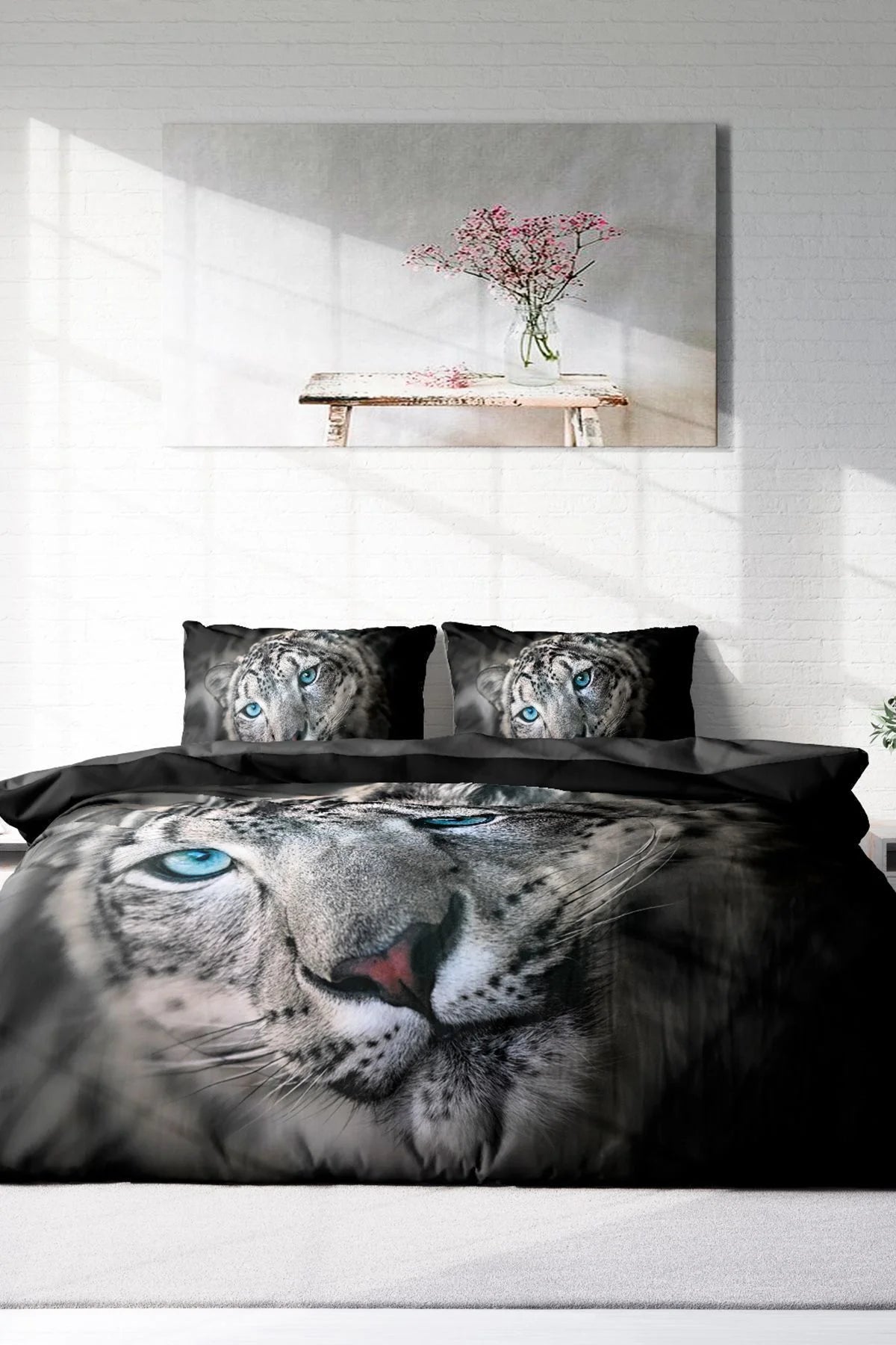 Leopar Çift Kişilik Nevresim Takımı Özel Dokuma Pamuk Saten Blue Leopard