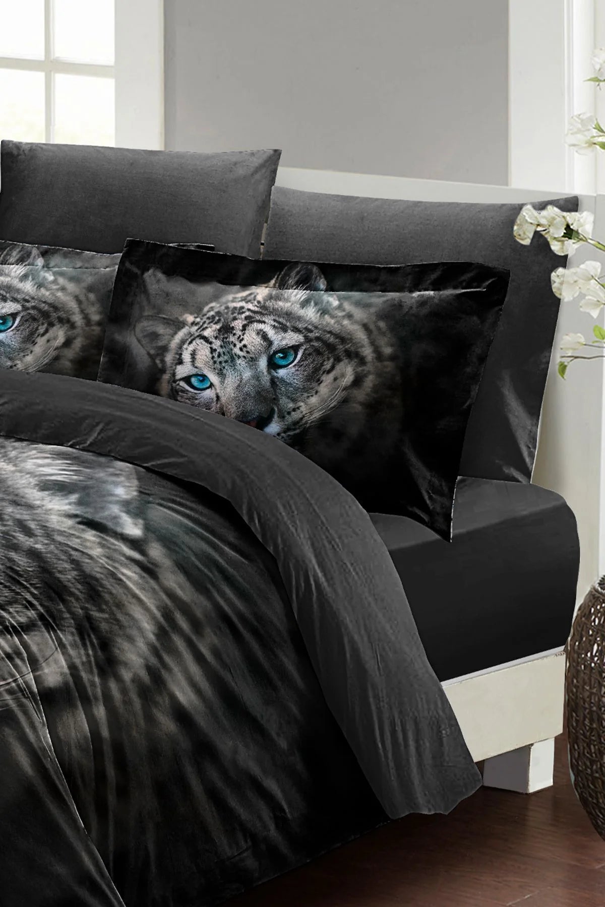 Leopar Çift Kişilik Nevresim Takımı Özel Dokuma Pamuk Saten Blue Leopard