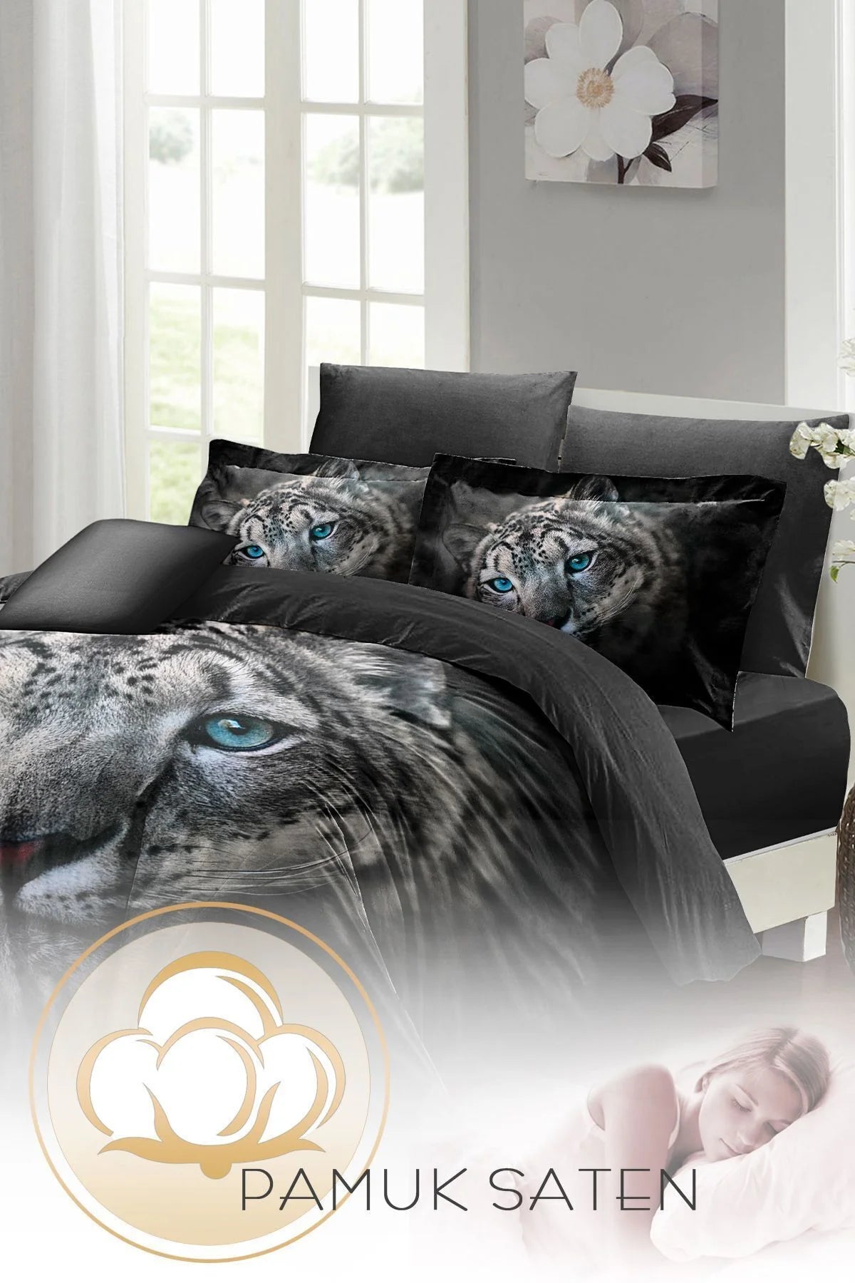 Leopar Çift Kişilik Nevresim Takımı Özel Dokuma Pamuk Saten Blue Leopard