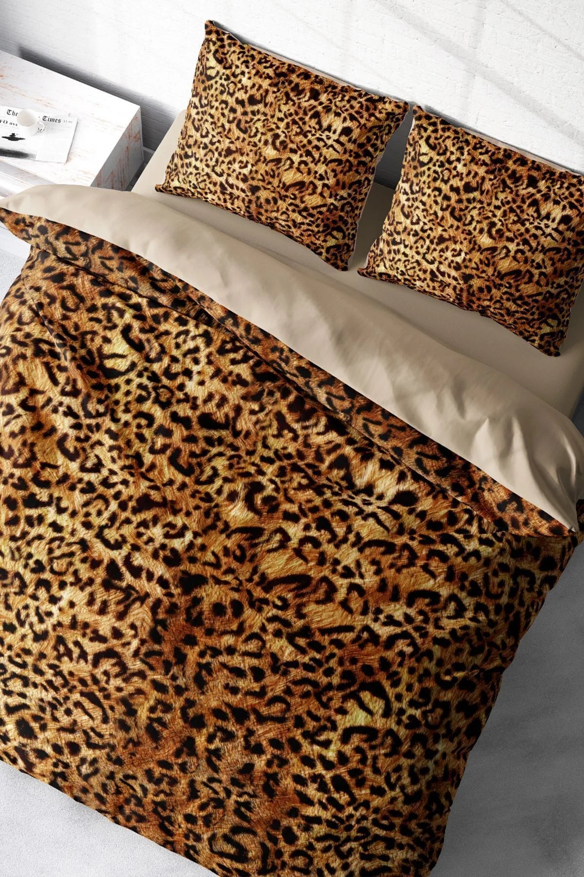 Leopar Çift Kişilik Nevresim Takımı Özel Dokuma Pamuk Saten Golden Leopard