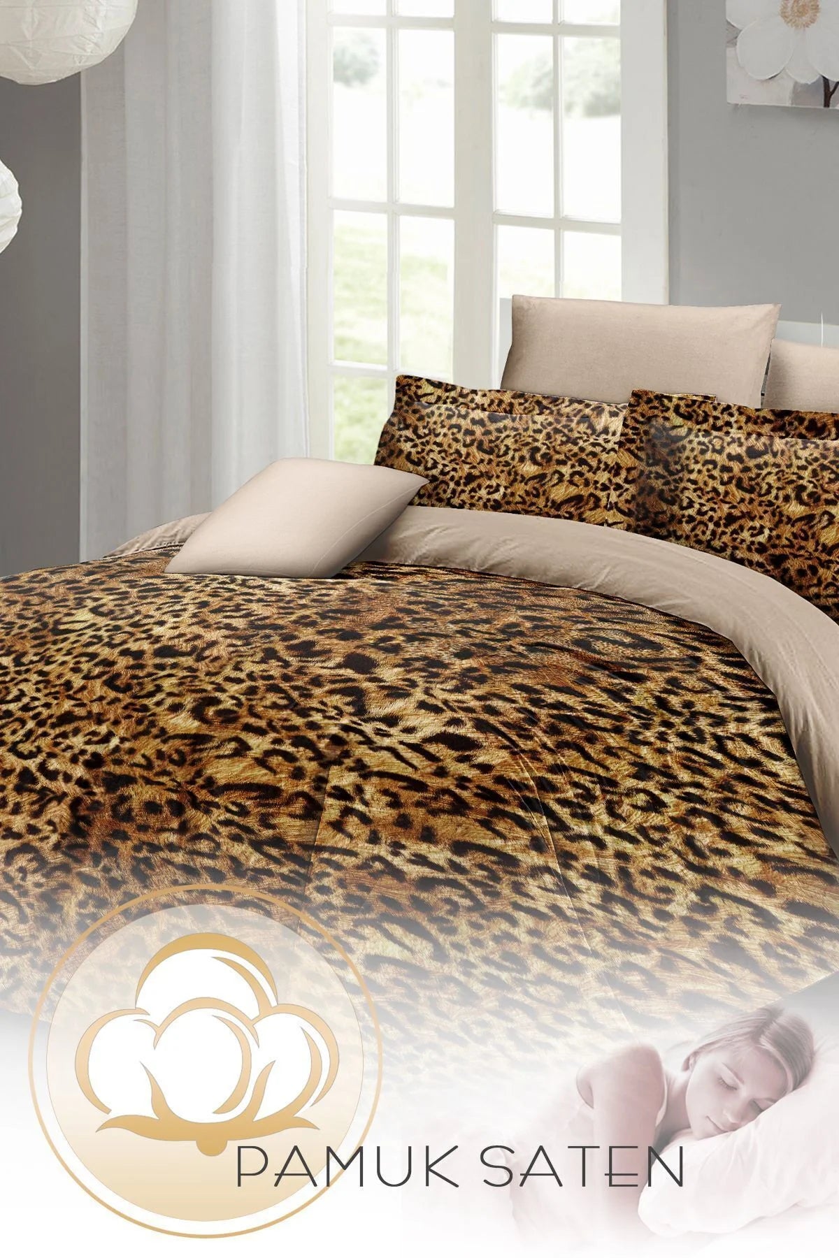 Leopar Çift Kişilik Nevresim Takımı Özel Dokuma Pamuk Saten Golden Leopard