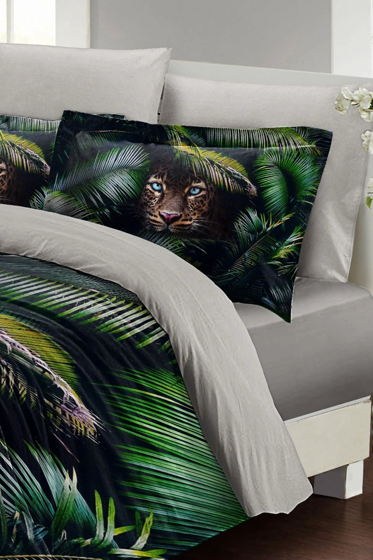 Leopar Çift Kişilik Nevresim Takımı Özel Dokuma Pamuk Saten Jungle Leopard