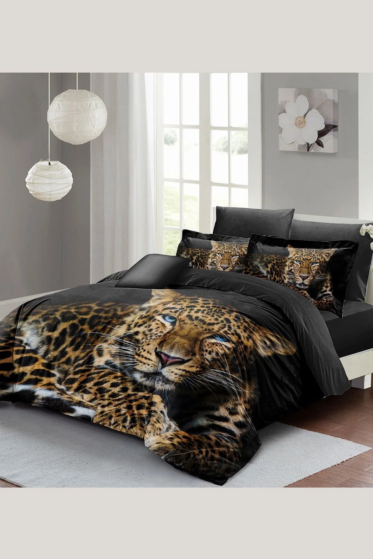 Leopar Çift Kişilik Nevresim Takımı Özel Dokuma Pamuk Saten Leopard Eyes