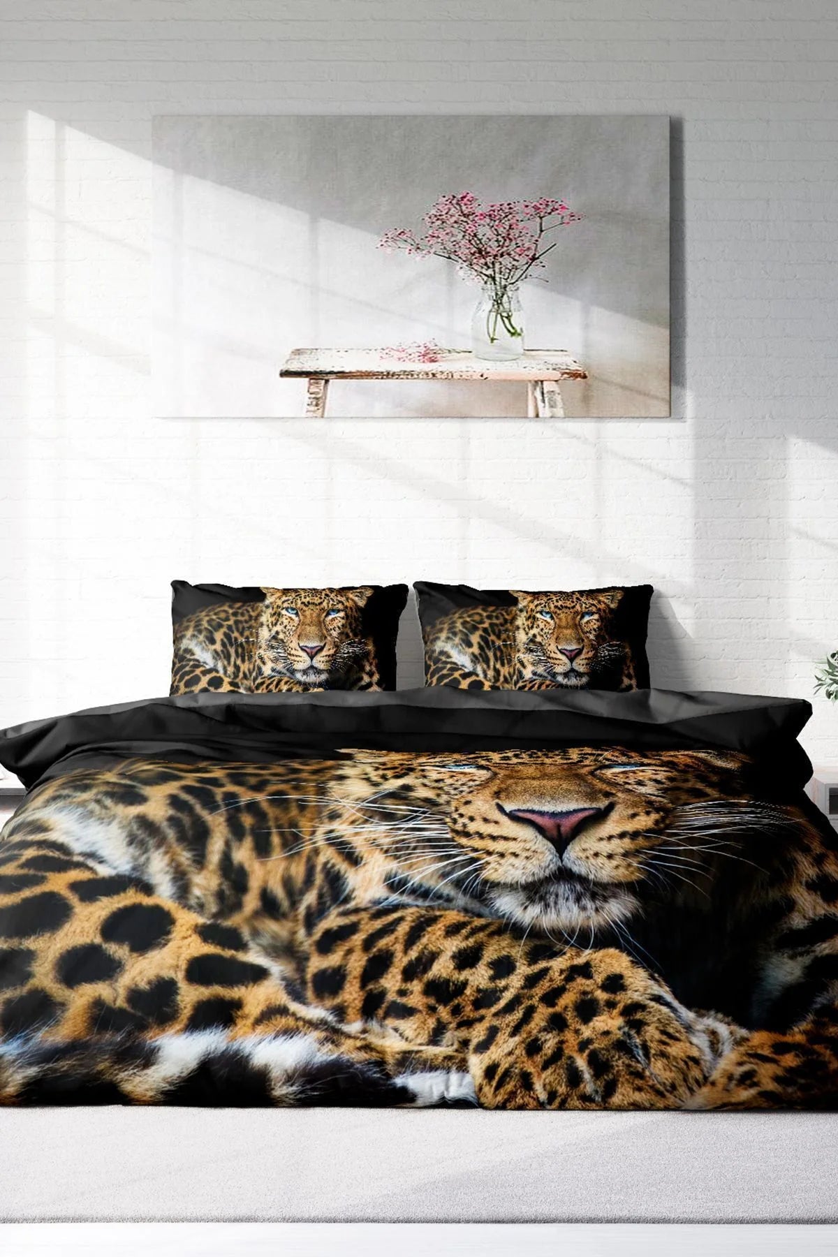 Leopar Çift Kişilik Nevresim Takımı Özel Dokuma Pamuk Saten Leopard Eyes