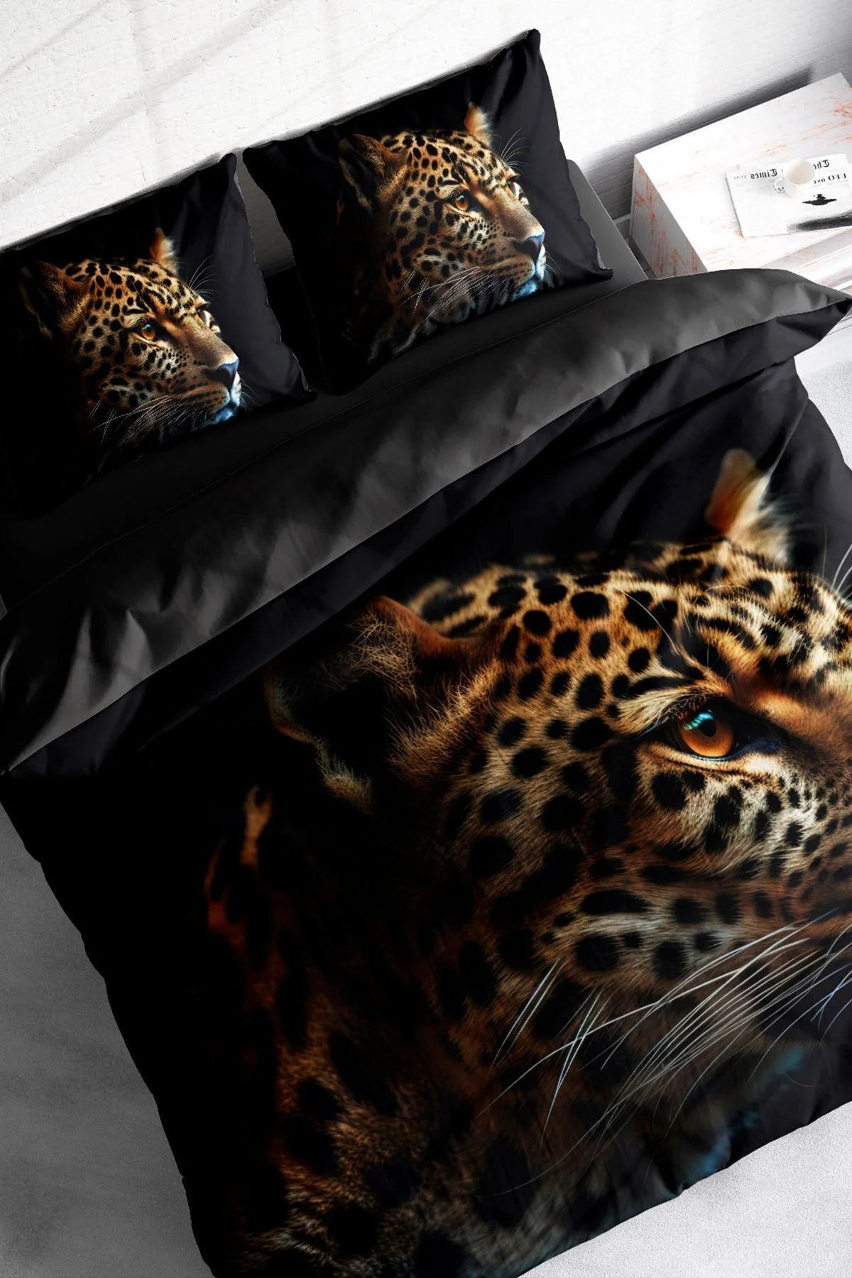 Leopar Çift Kişilik Nevresim Takımı Özel Dokuma Pamuk Saten Leopard Face