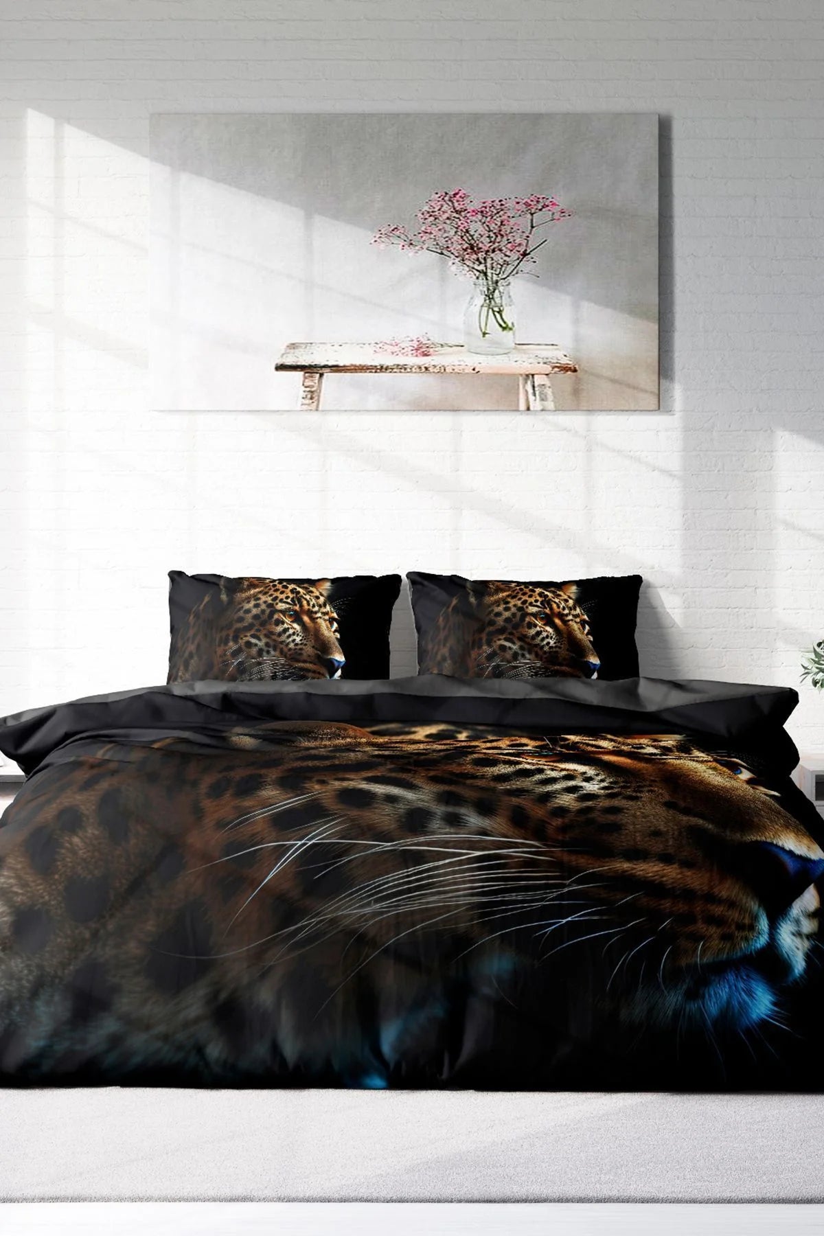 Leopar Çift Kişilik Nevresim Takımı Özel Dokuma Pamuk Saten Leopard Face
