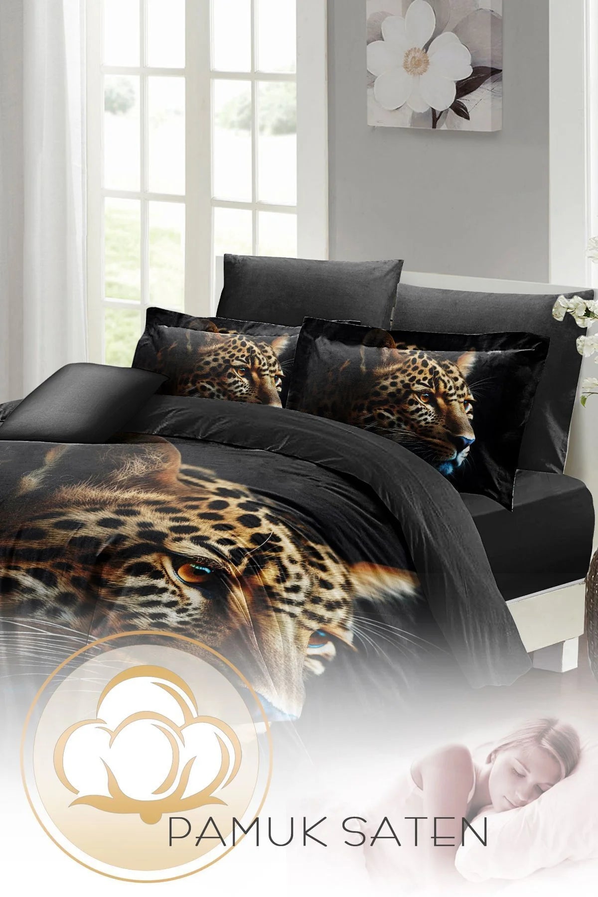 Leopar Çift Kişilik Nevresim Takımı Özel Dokuma Pamuk Saten Leopard Face