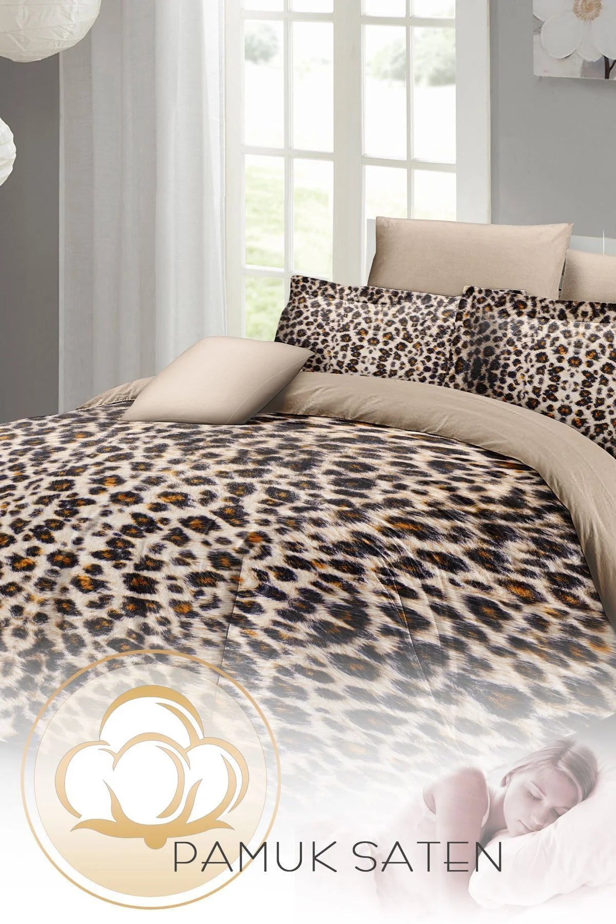 Leopar Çift Kişilik Nevresim Takımı Özel Dokuma Pamuk Saten Small Leopard