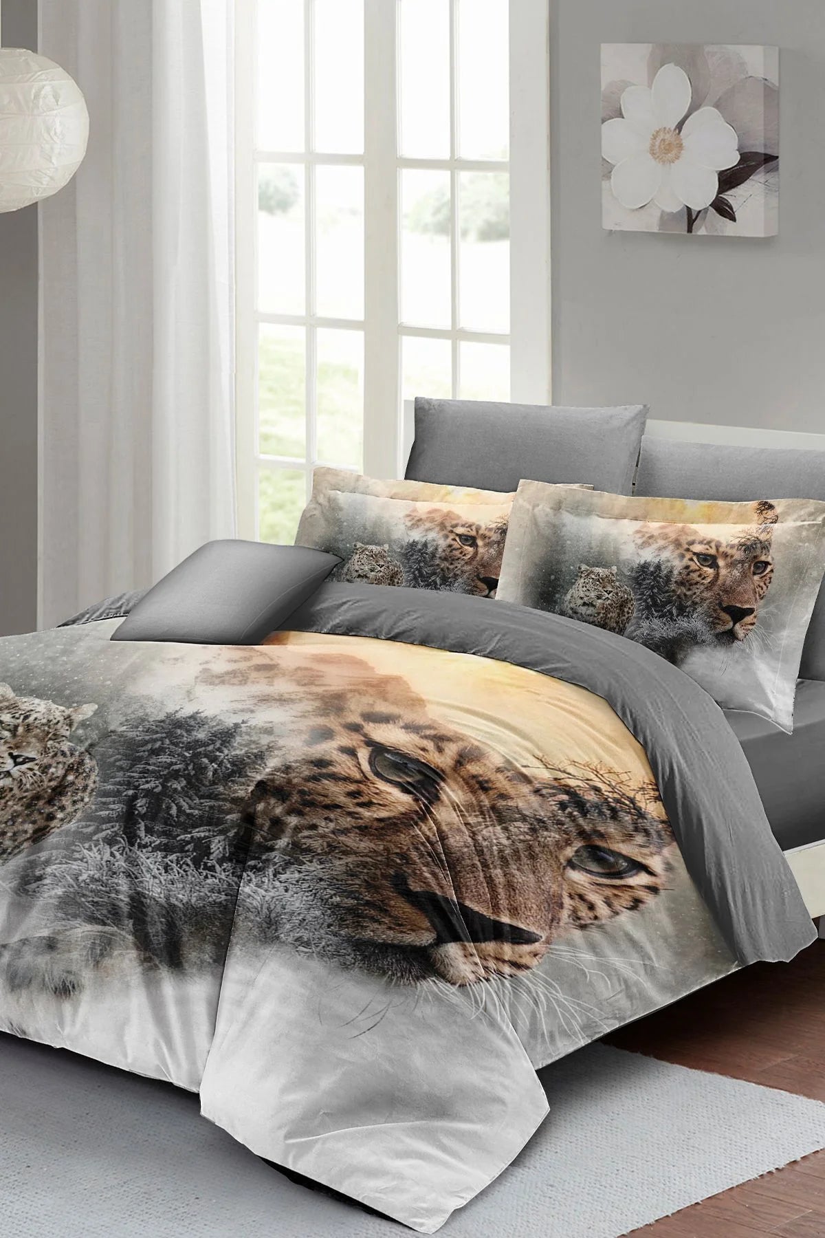 Leopar Çift Kişilik Nevresim Takımı Özel Dokuma Pamuk Saten Snow Leopard