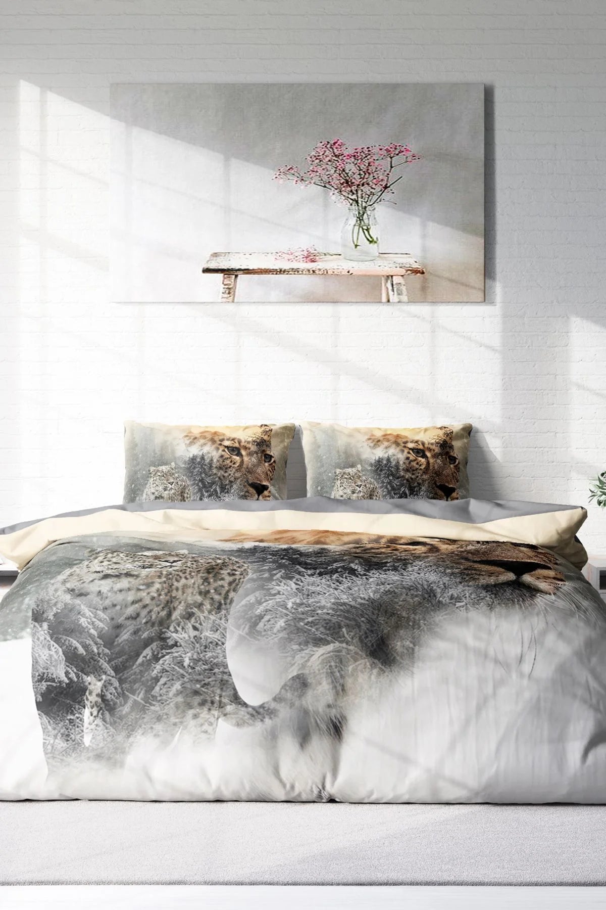 Leopar Çift Kişilik Nevresim Takımı Özel Dokuma Pamuk Saten Snow Leopard