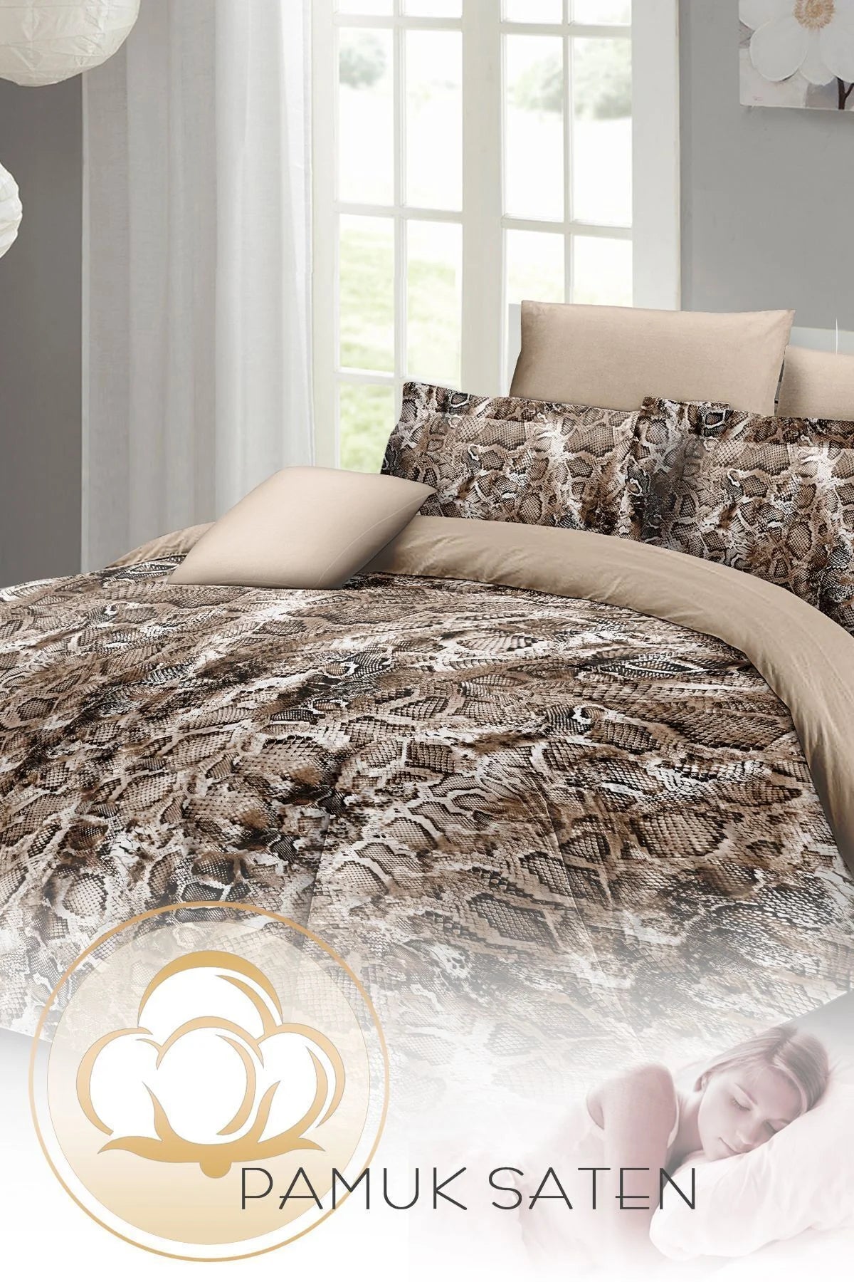 Leopar Çift Kişilik Nevresim Takımı Özel Dokuma Pamuk Saten Wall Snake