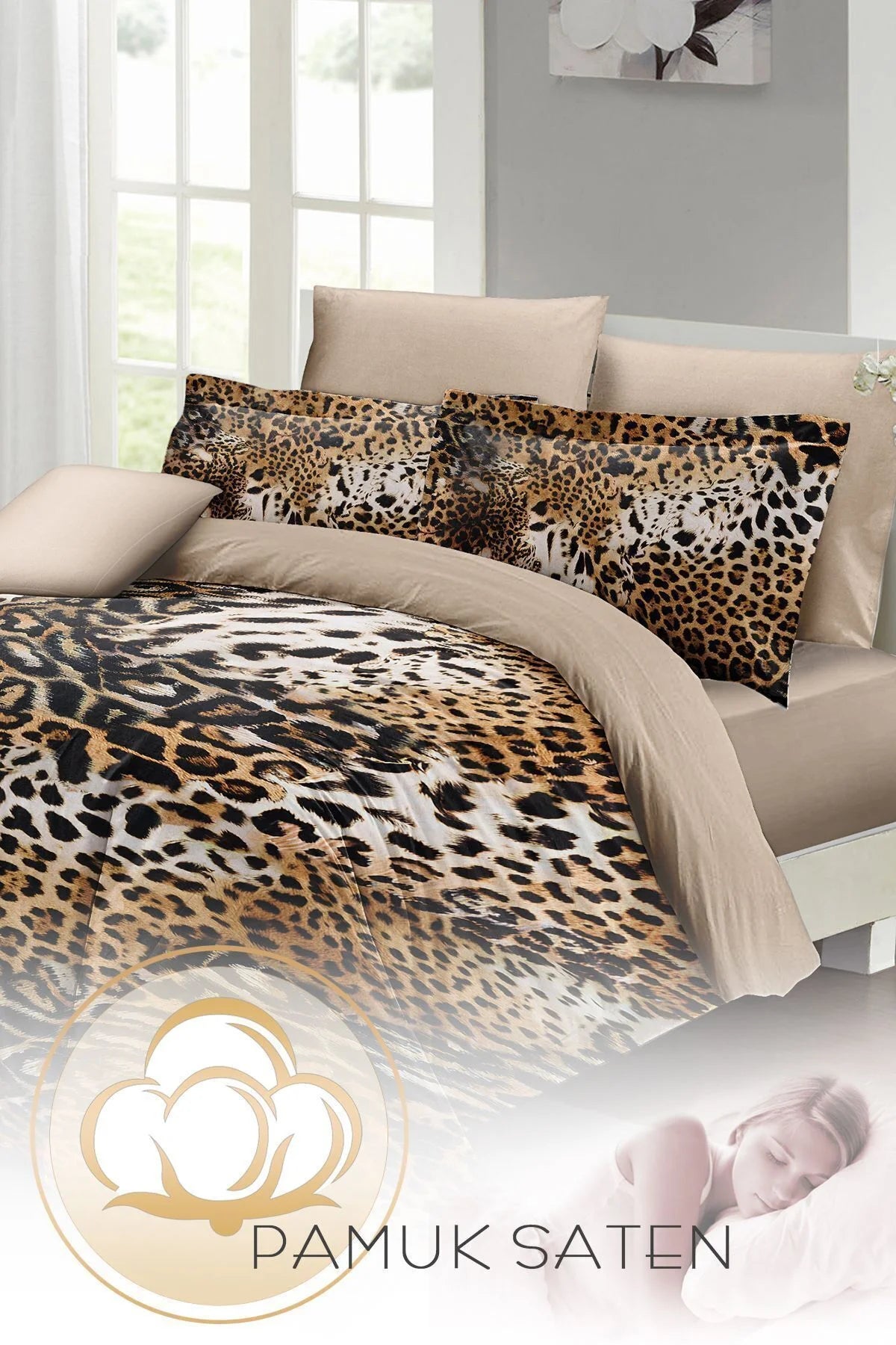 Leopar Çift Kişilik Nevresim Takımı Özel Dokuma Pamuk Saten Wild Leopard