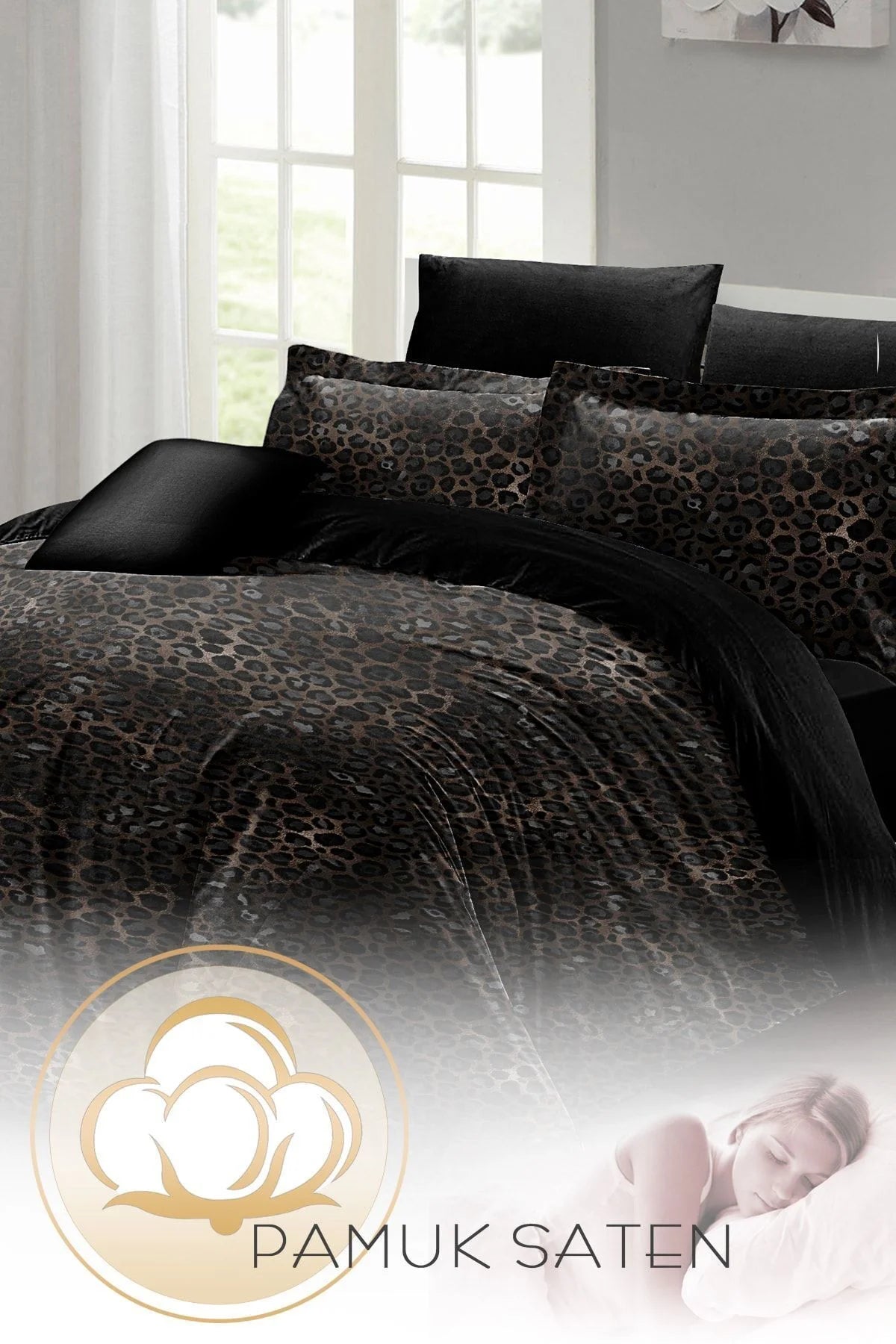 Leopar Print Çift Kişilik Nevresim Takımı Özel Dokuma Pamuk Saten 3D Özel Tasarım