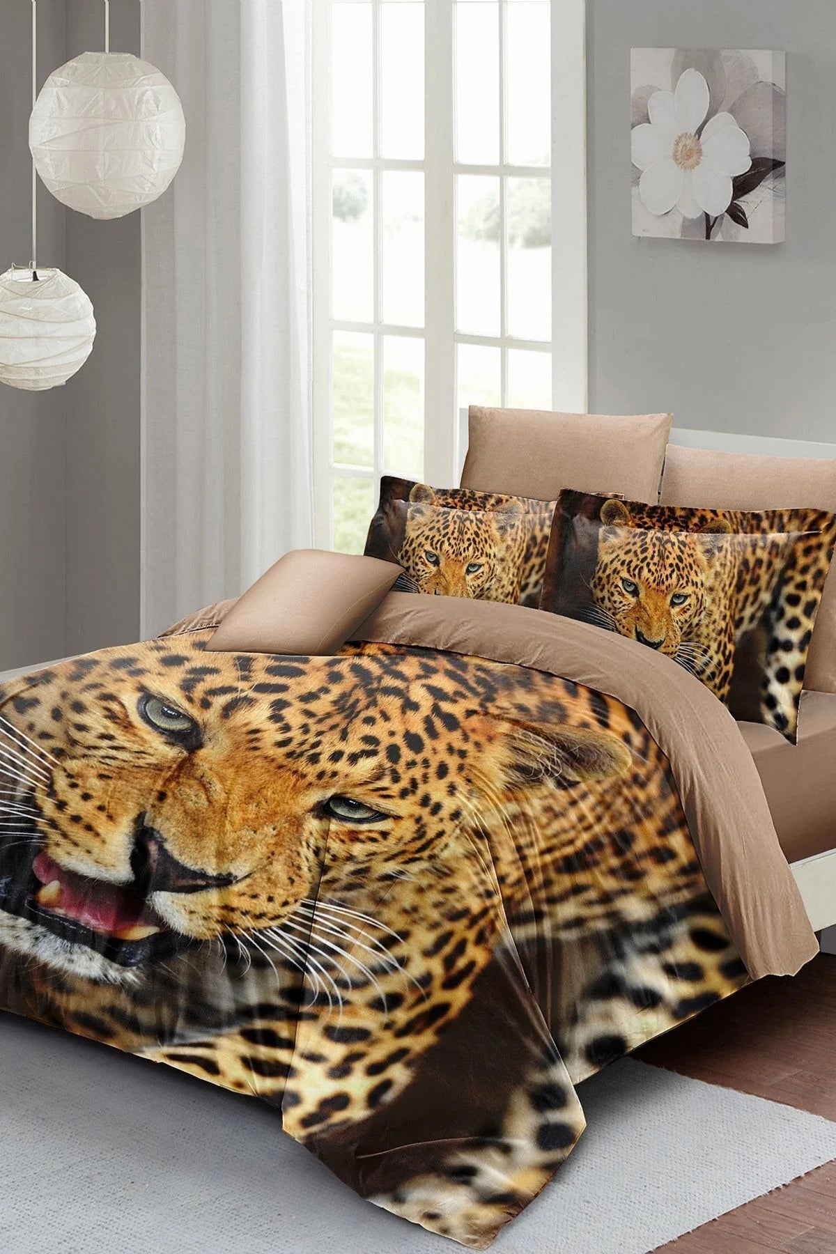 Leopar Tiger Çift Kişilik Nevresim Takımı 3D Özel Dokuma Pamuk Saten