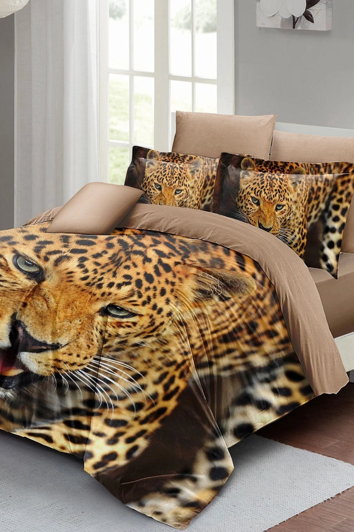 Leopar Tiger Çift Kişilik Nevresim Takımı 3D Özel Dokuma Pamuk Saten