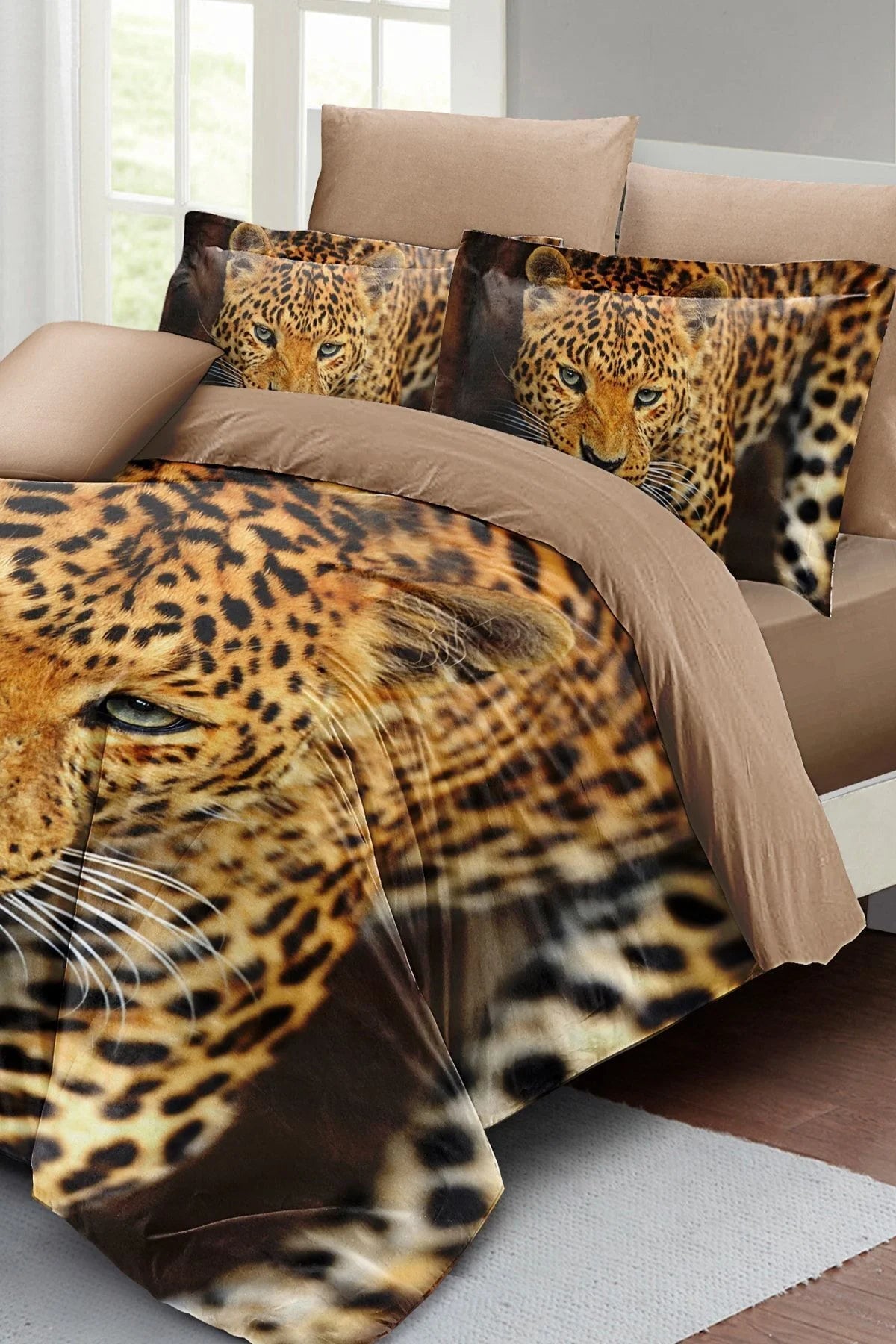 Leopar Tiger Çift Kişilik Nevresim Takımı 3D Özel Dokuma Pamuk Saten