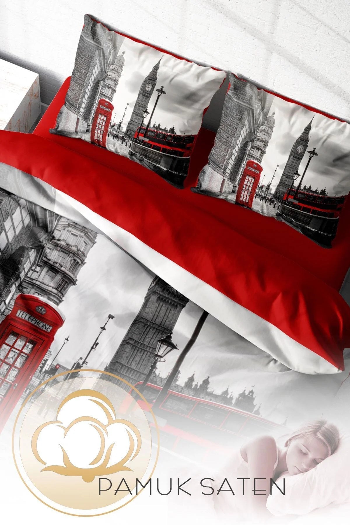London 3D Pamuk Saten Çift Kişilik Nevresim Takımı