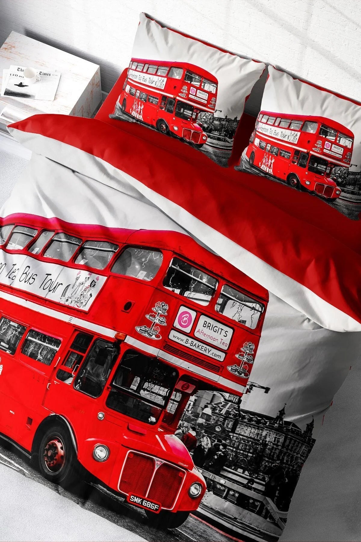 London Bus 3D Pamuk Saten Çift Kişilik Nevresim Takımı