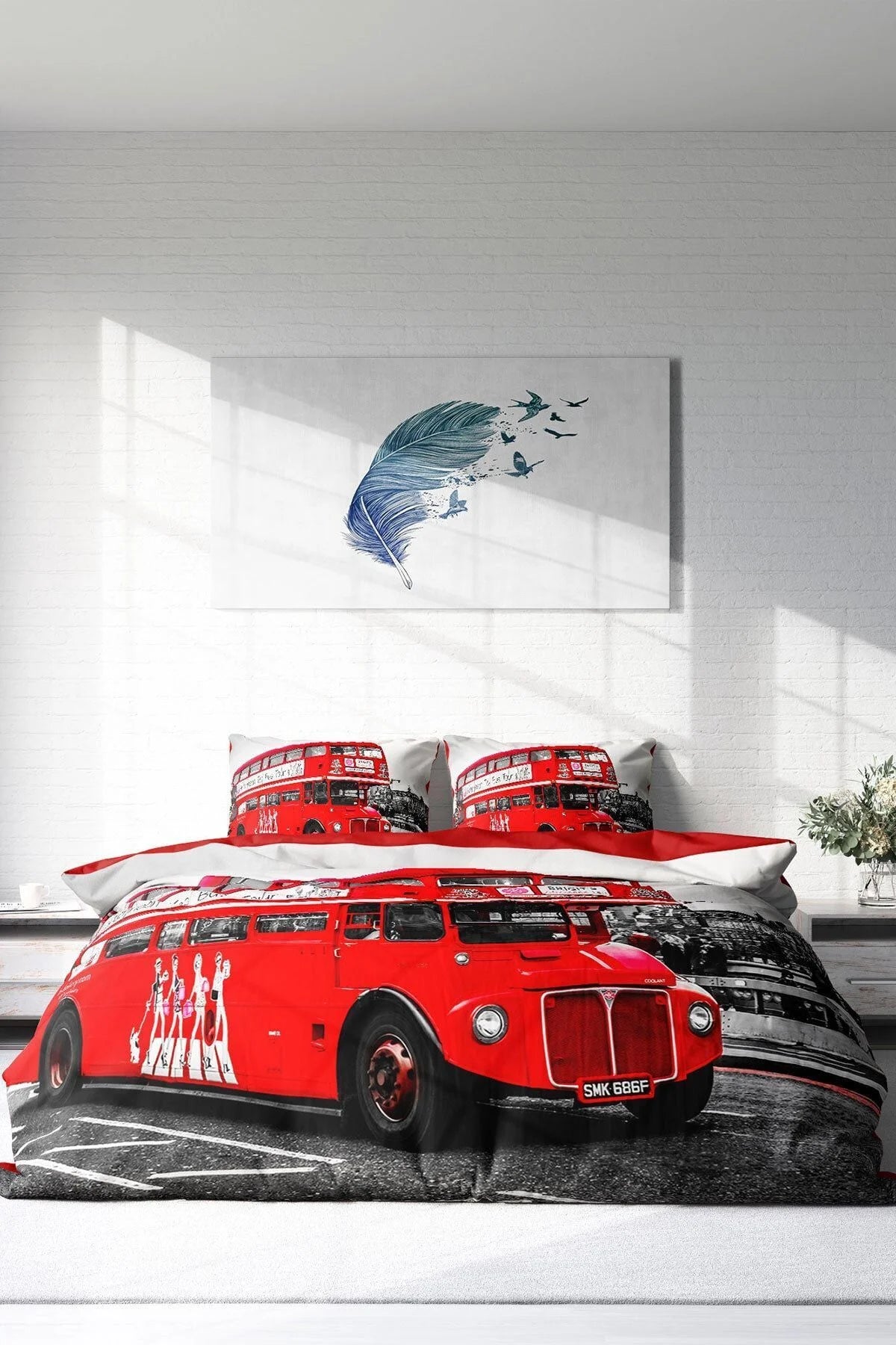 London Bus 3D Pamuk Saten Çift Kişilik Nevresim Takımı