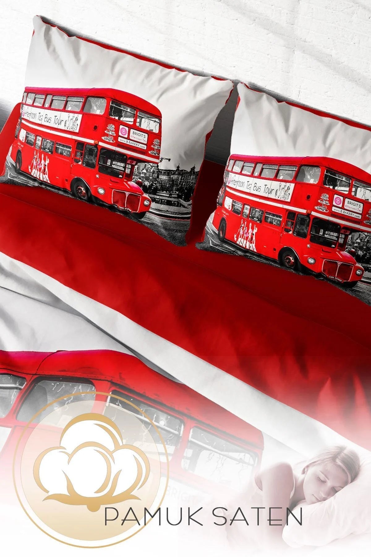 London Bus 3D Pamuk Saten Çift Kişilik Nevresim Takımı