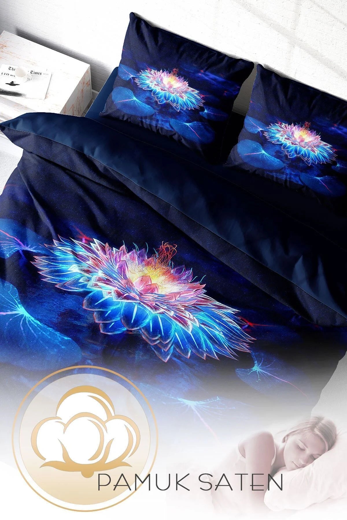 Lotus Night 3D Pamuk Saten Çift Kişilik Nevresim Takımı