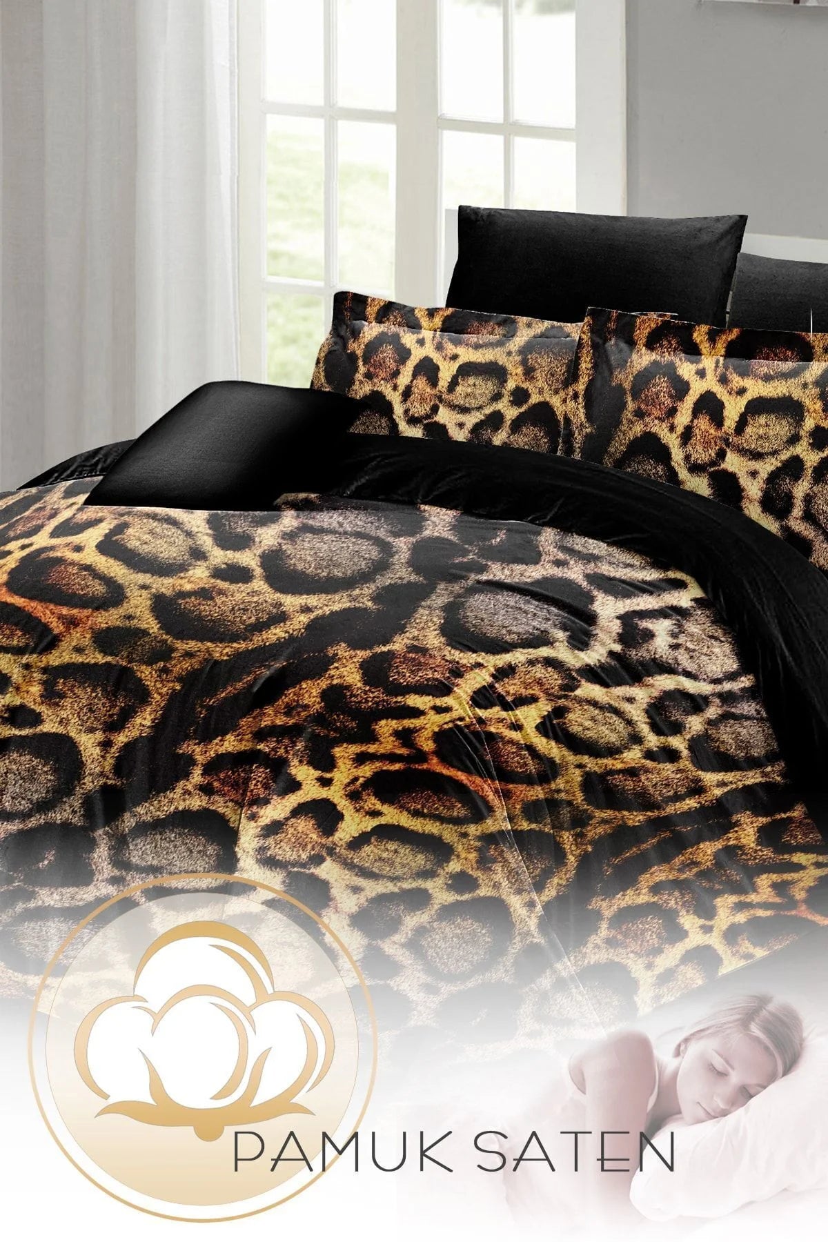 Lux Leopar Çift Kişilik Nevresim Takımı Özel Dokuma Pamuk Saten 3D Özel Tasarım