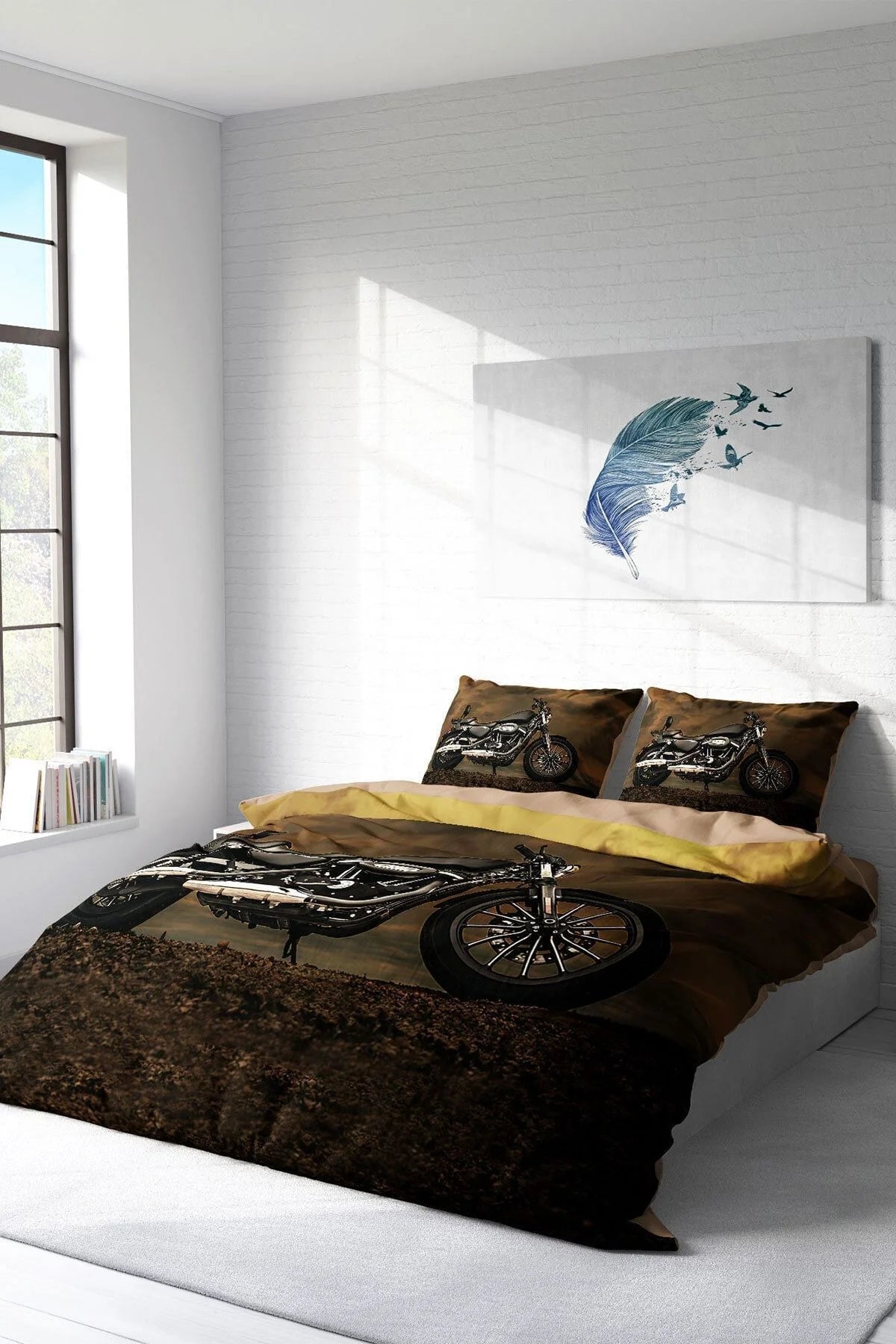 Motorcycles 3D Pamuk Saten Çift Kişilik Nevresim Takımı