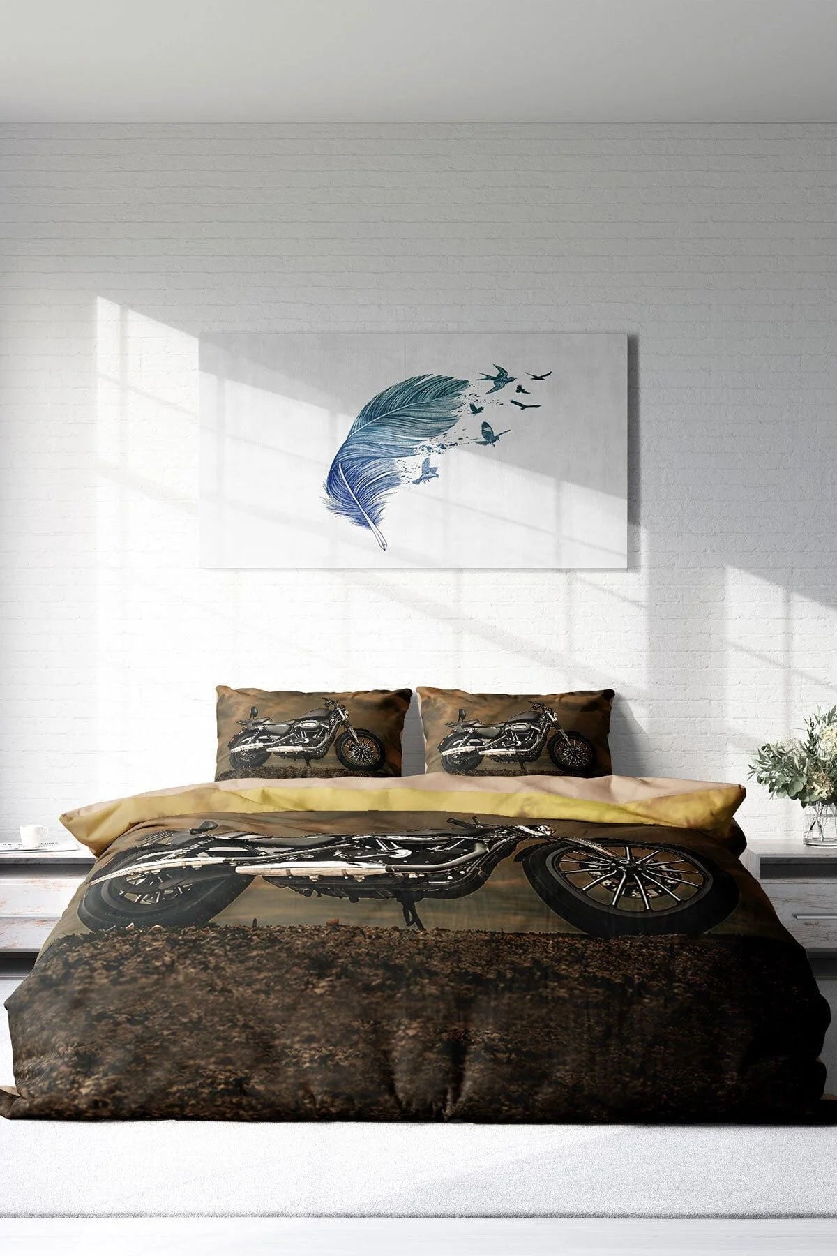 Motorcycles 3D Pamuk Saten Çift Kişilik Nevresim Takımı