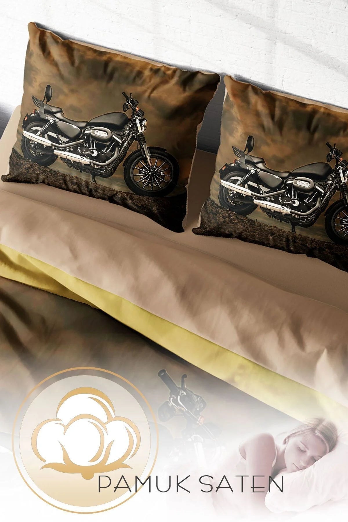 Motorcycles 3D Pamuk Saten Çift Kişilik Nevresim Takımı