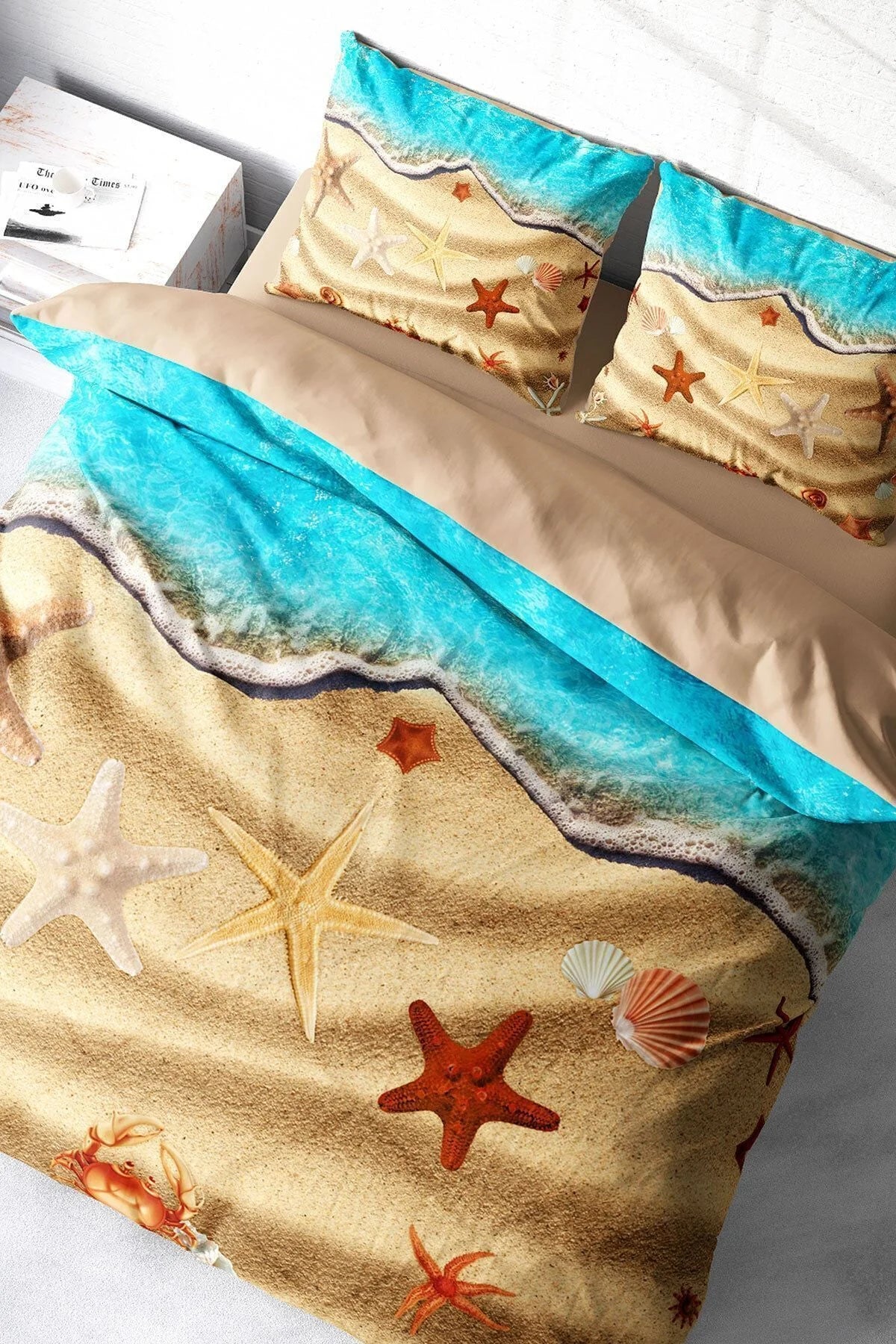 Nevresim Takımı Pamuk Saten Çift Kişilik 3D Digital Beach Stars