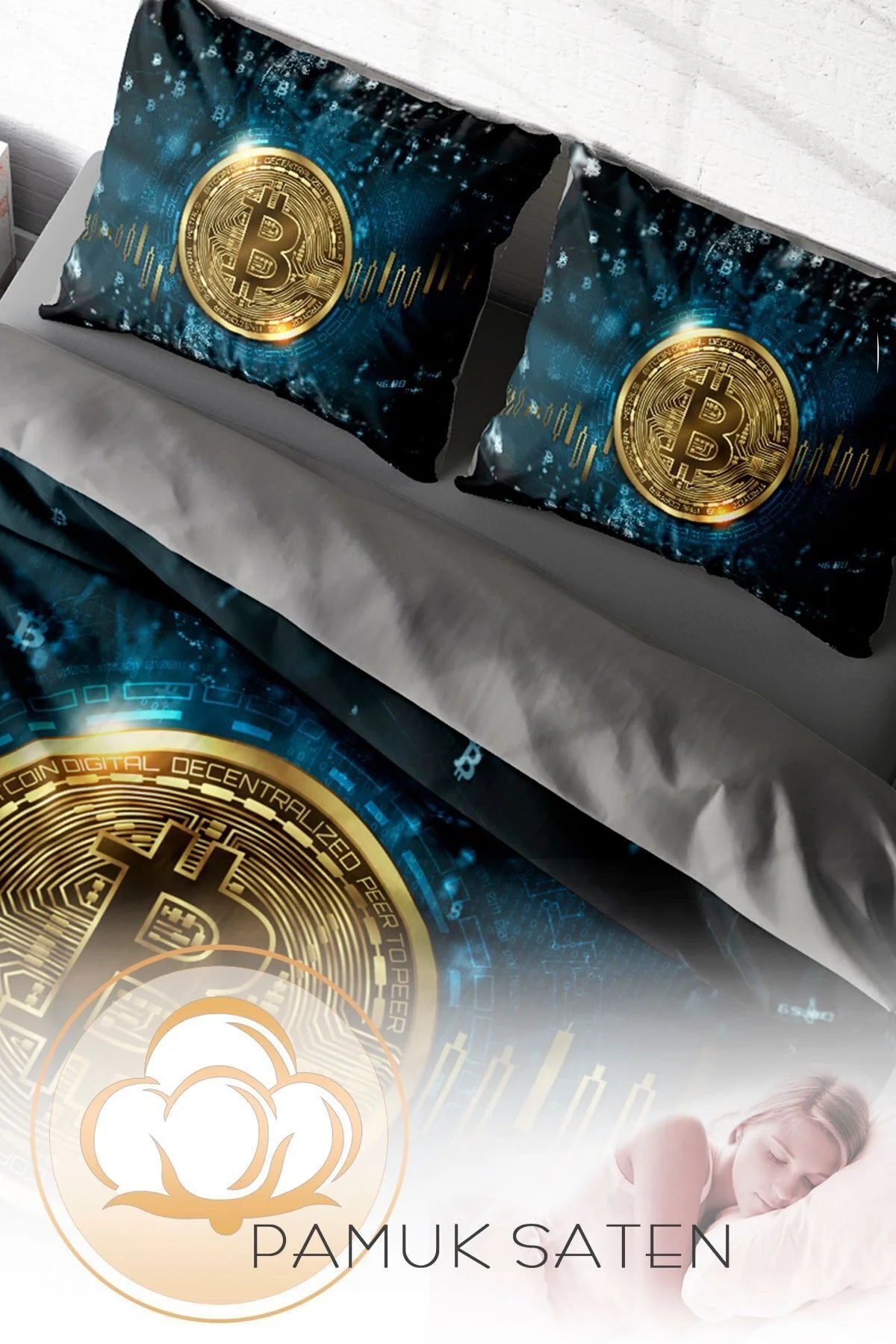Nevresim Takımı Pamuk Saten Çift Kişilik 3D Digital Bitcoin