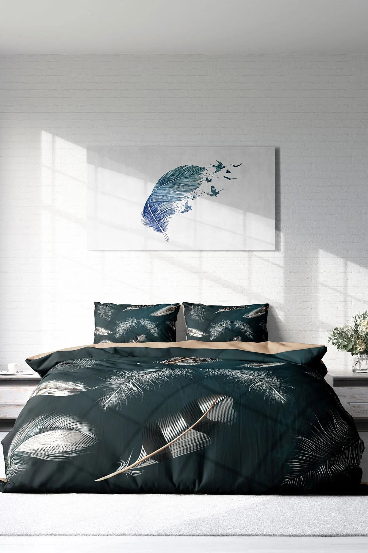 Nevresim Takımı Pamuk Saten Çift Kişilik 3D Digital Black Feather