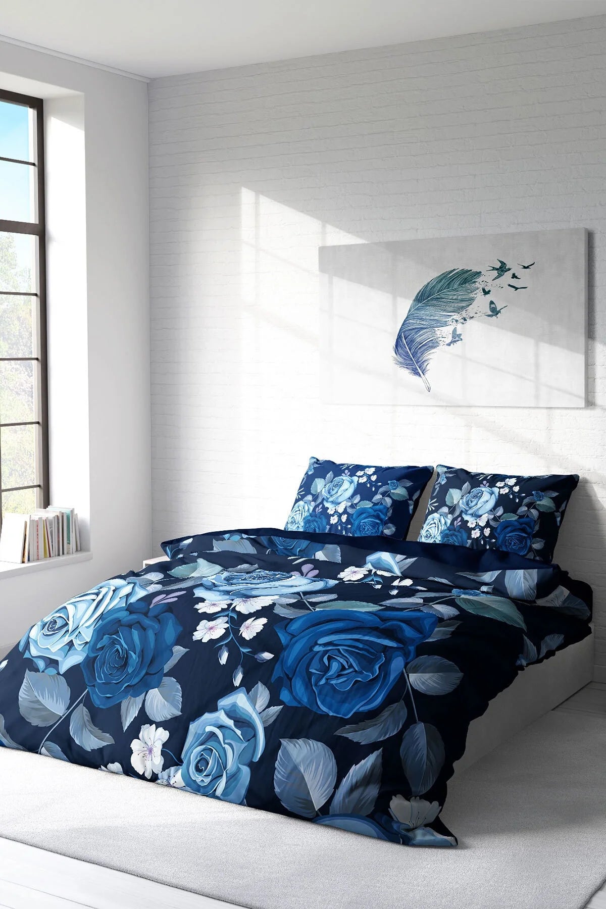 Nevresim Takımı Pamuk Saten Çift Kişilik 3D Digital Blue Flower