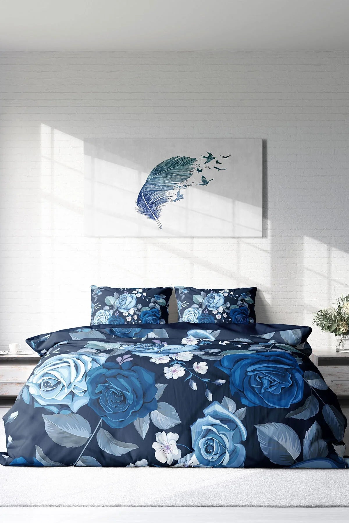 Nevresim Takımı Pamuk Saten Çift Kişilik 3D Digital Blue Flower