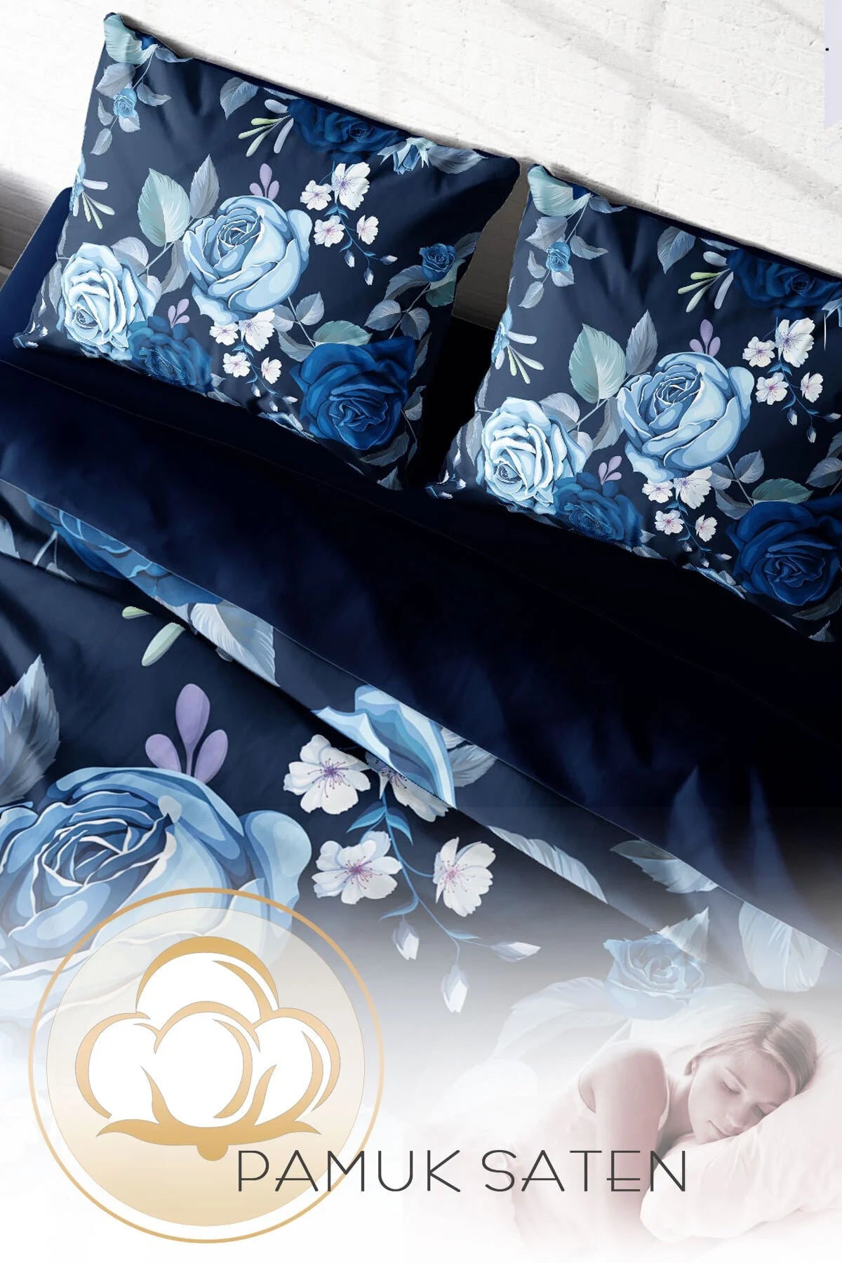 Nevresim Takımı Pamuk Saten Çift Kişilik 3D Digital Blue Flower