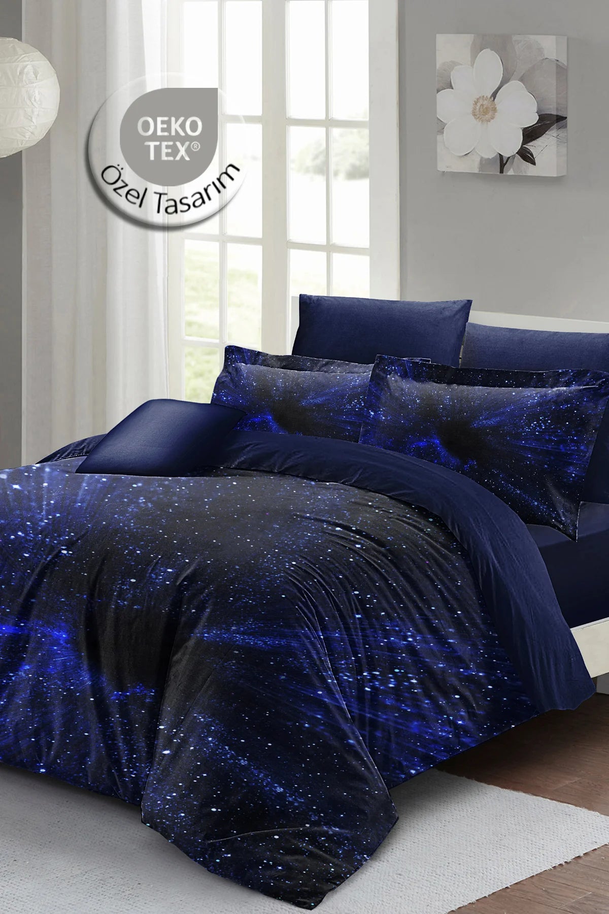 Nevresim Takımı Pamuk Saten Çift Kişilik 3D Digital Blue Night