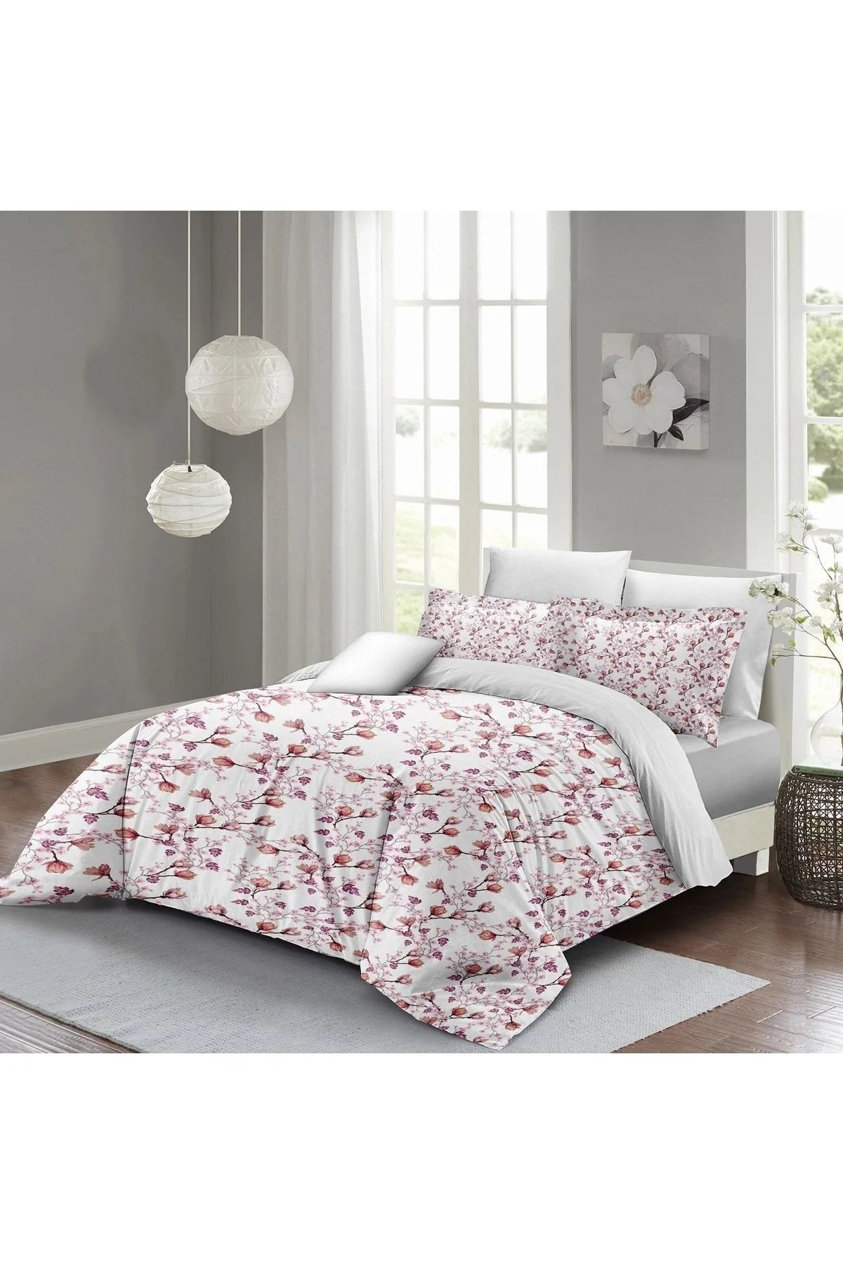 Nevresim Takımı Pamuk Saten Çift Kişilik 3D Digital Cherry Blossom