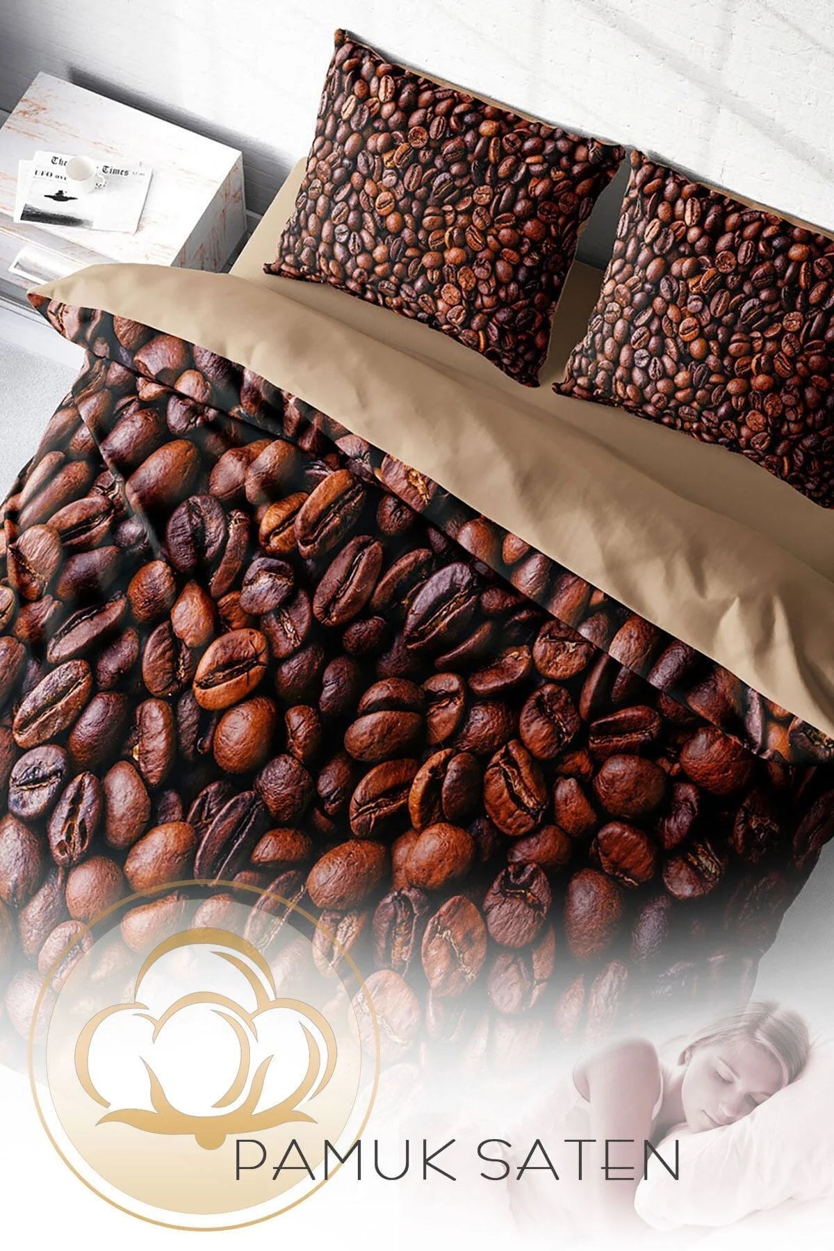 Nevresim Takımı Pamuk Saten Çift Kişilik 3D Digital Coffee Duvet