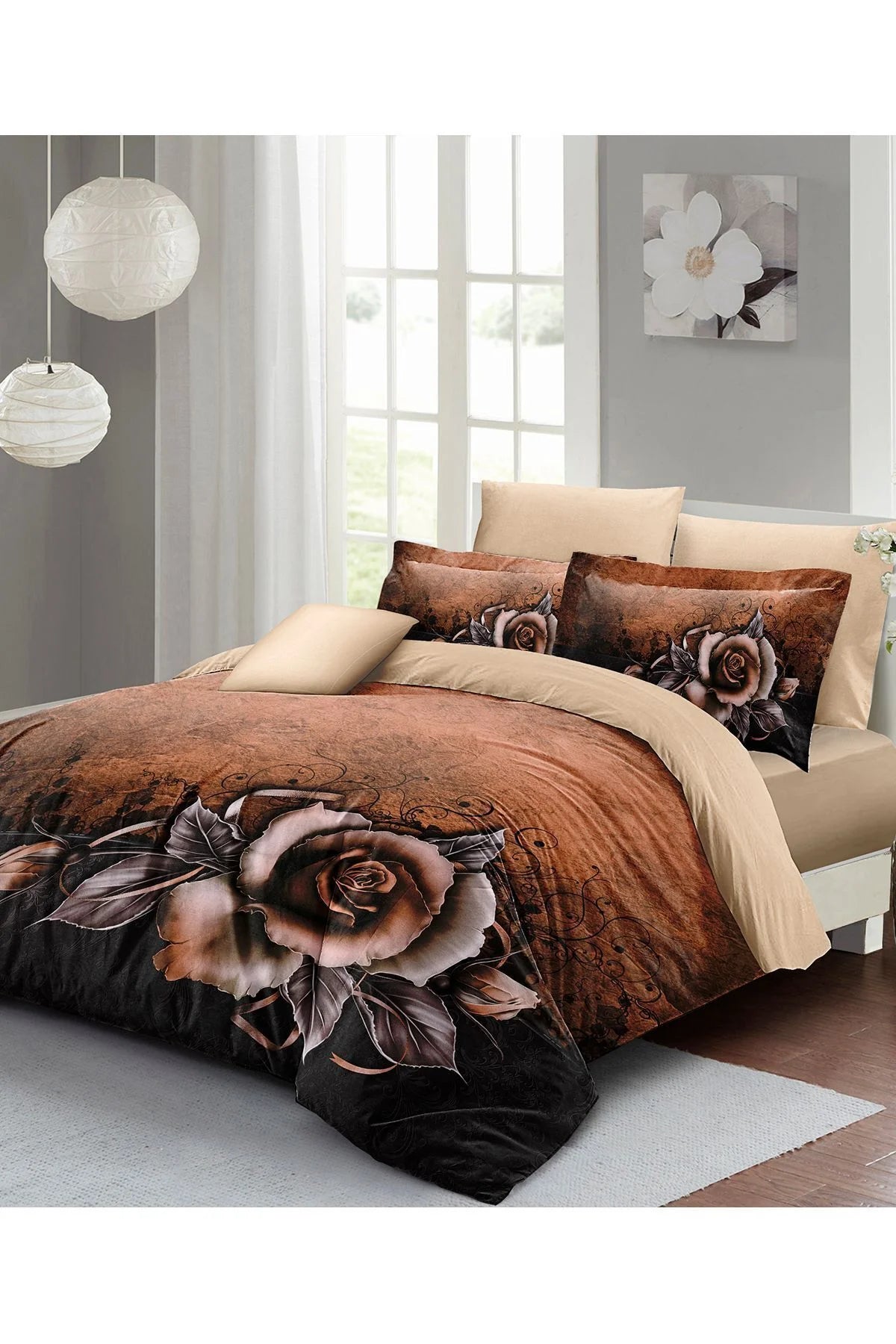 Nevresim Takımı Pamuk Saten Çift Kişilik 3D Digital Copper Rose
