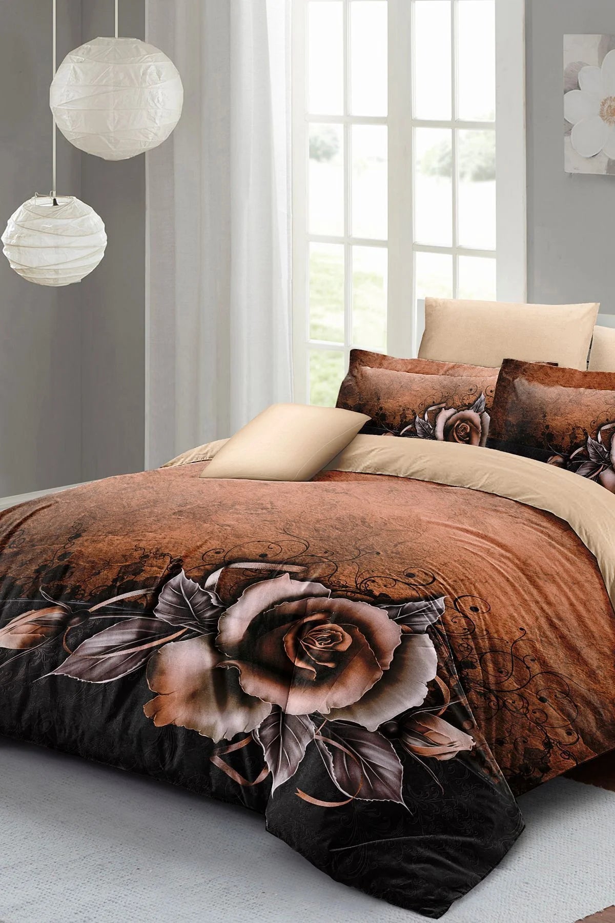 Nevresim Takımı Pamuk Saten Çift Kişilik 3D Digital Copper Rose