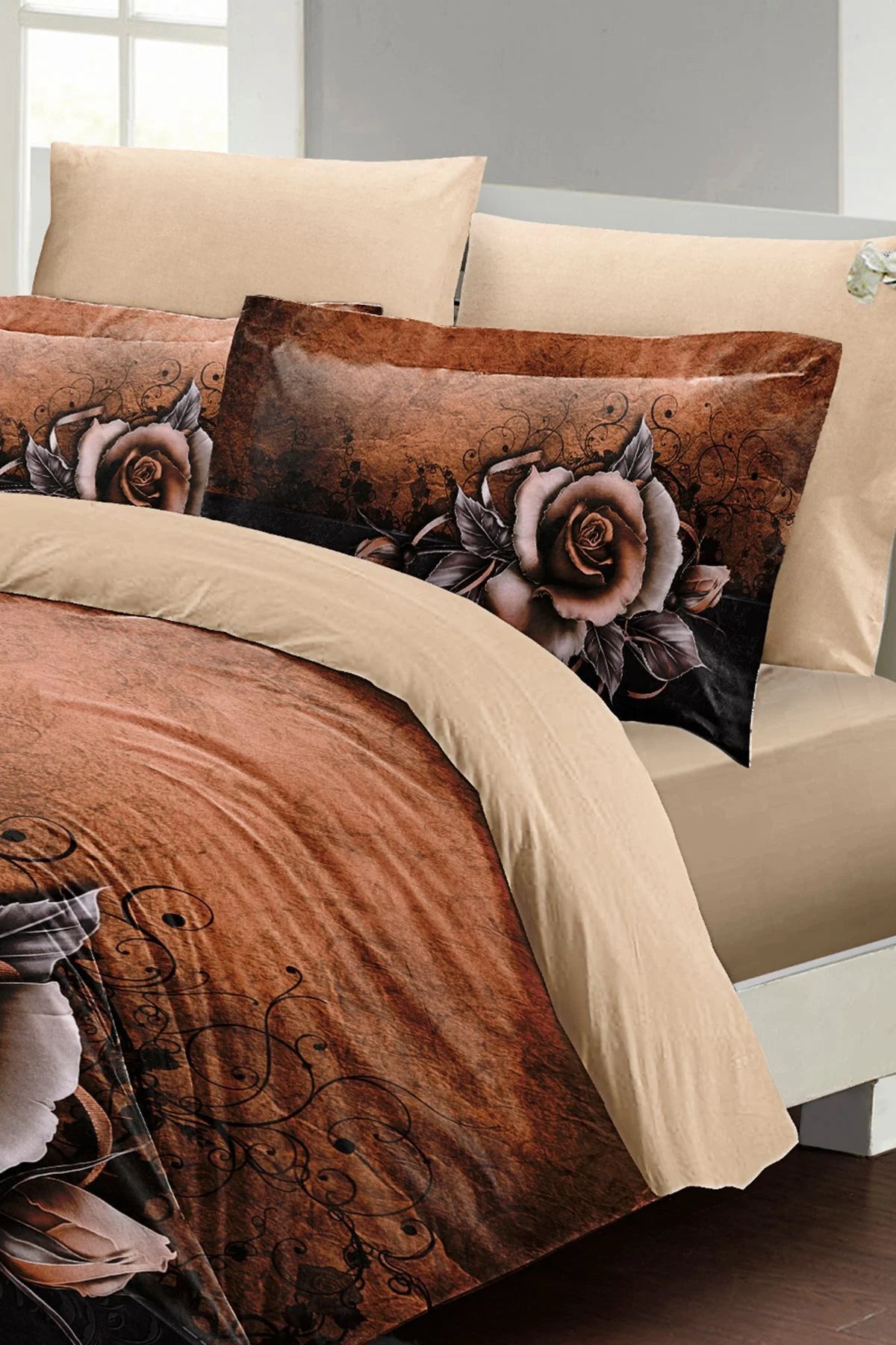 Nevresim Takımı Pamuk Saten Çift Kişilik 3D Digital Copper Rose