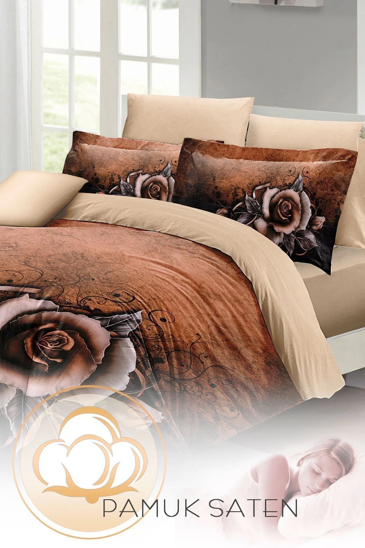 Nevresim Takımı Pamuk Saten Çift Kişilik 3D Digital Copper Rose