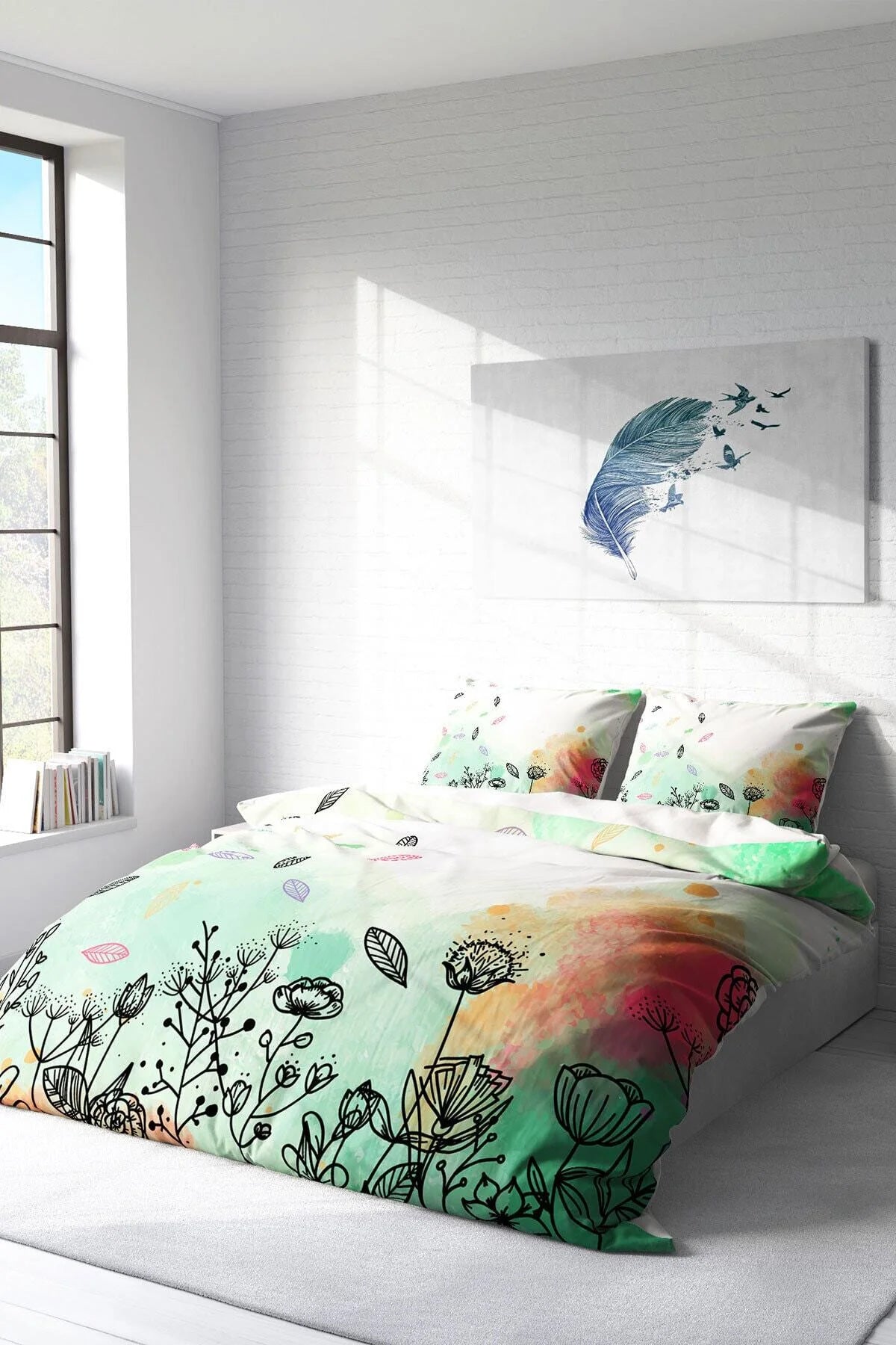 Nevresim Takımı Pamuk Saten Çift Kişilik 3D Digital Fantastic Leaves Naturel